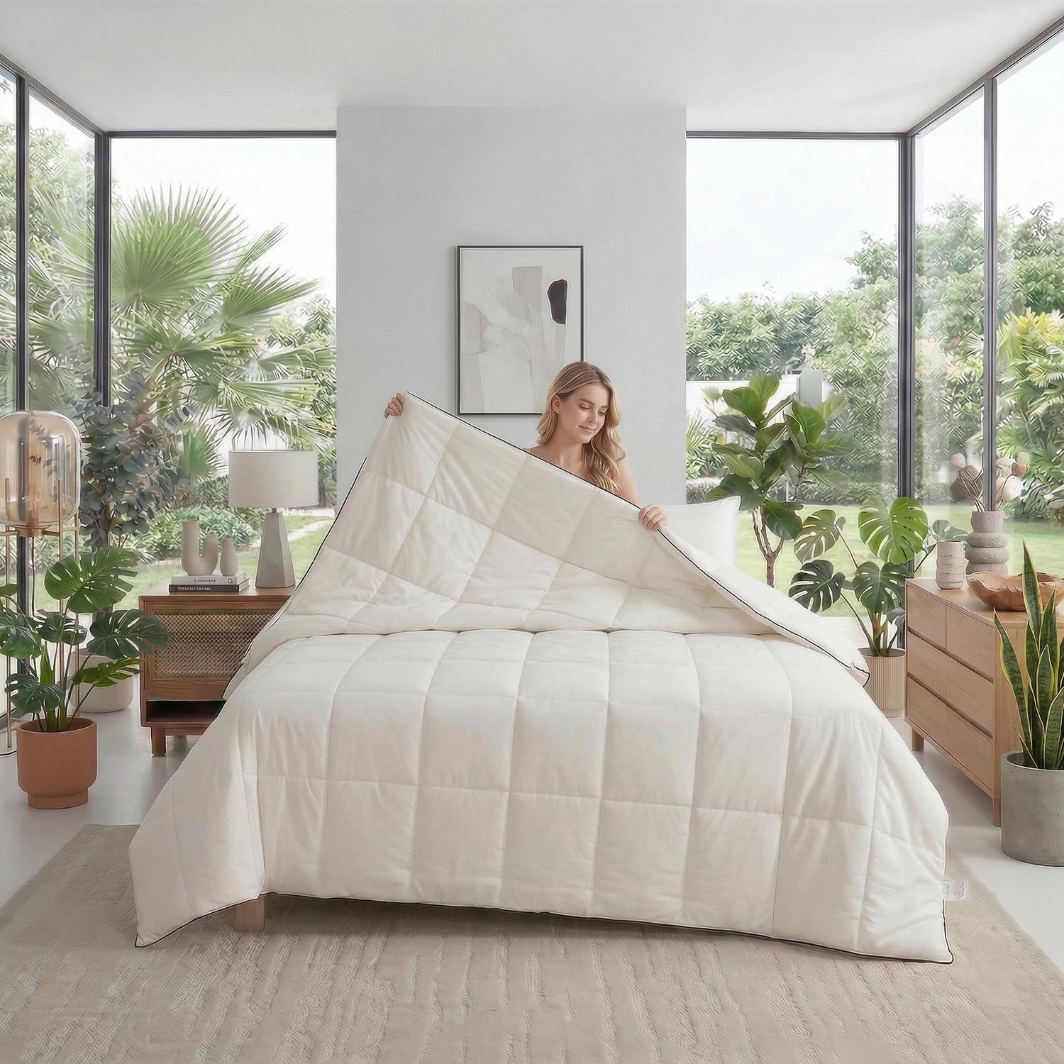 Woman holding a white, quilted cooling blanket with black trim in a bright, modern bedroom.
