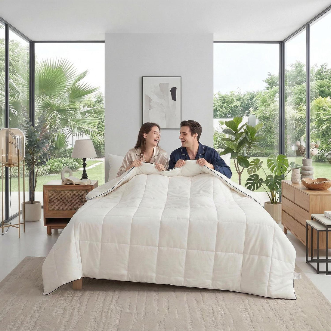 Couple smiling under a white quilted cooling blanket in a modern bedroom with large windows and plants.