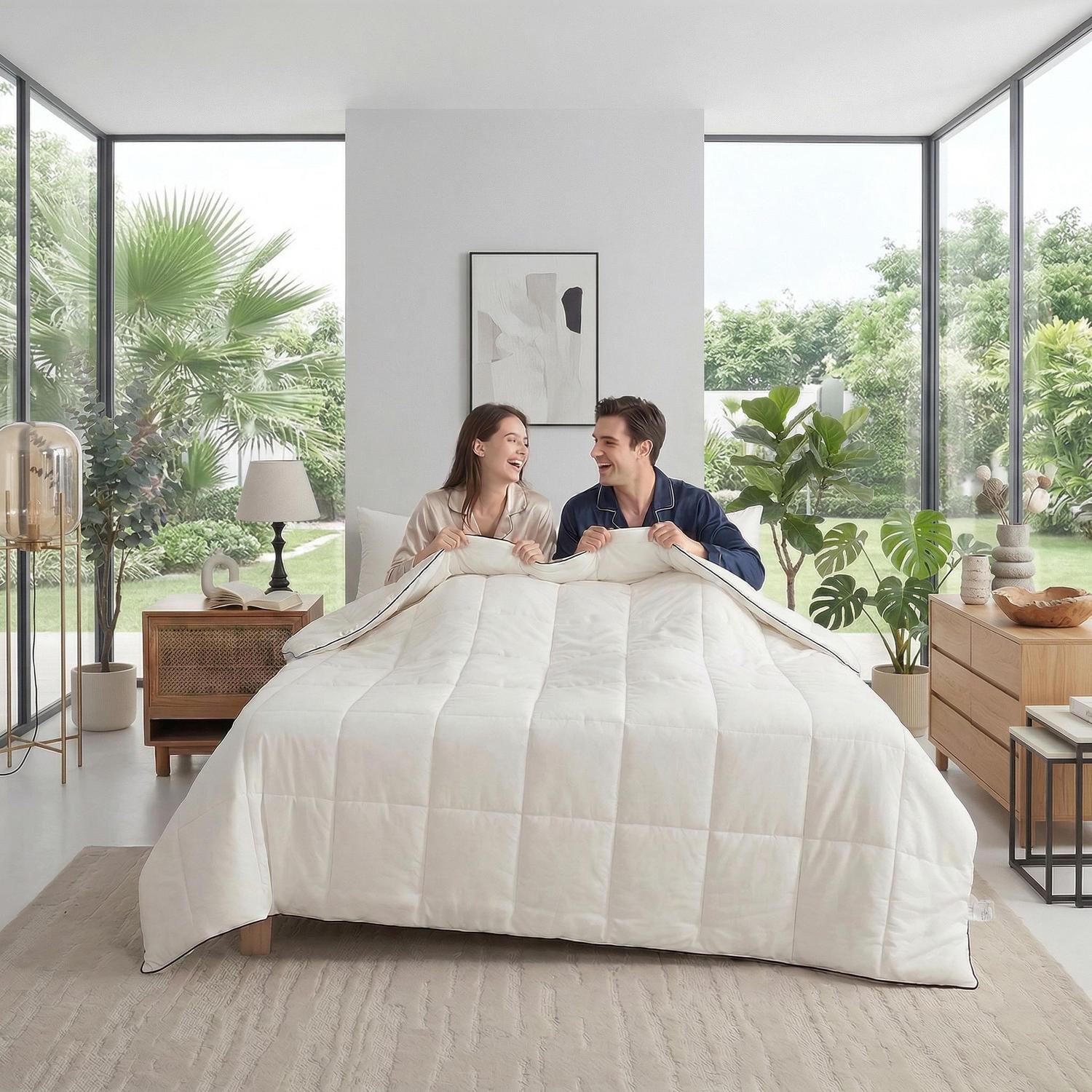 Couple smiling under a white quilted cooling blanket in a modern bedroom with large windows and plants.
