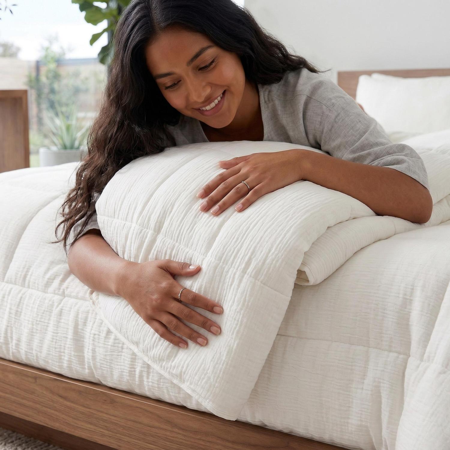 Smiling woman on a bed, holding a soft, white, quilted 100% cotton comforter duvet insert.