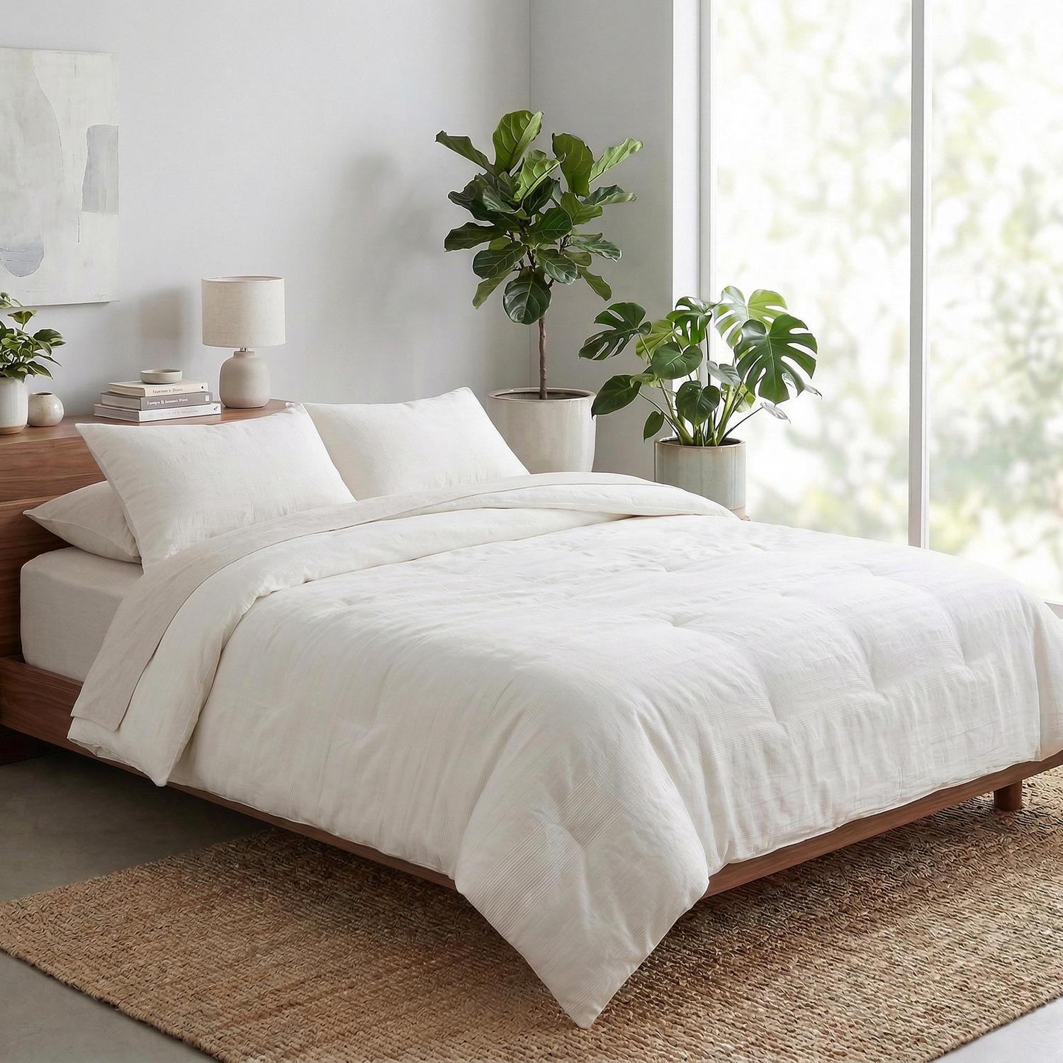 White quilted cotton comforter duvet insert on a wooden bed in a bright bedroom.
