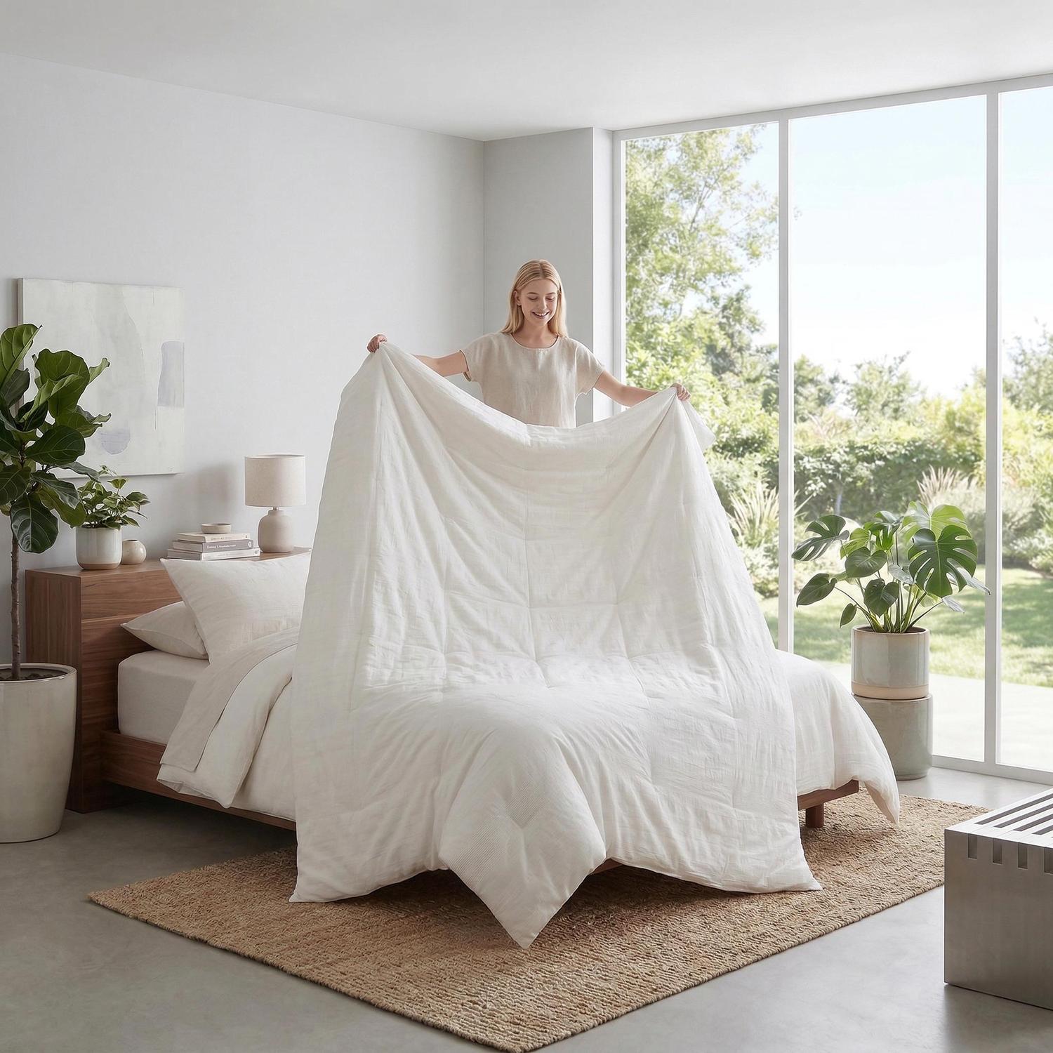 Woman making a bed with a white quilted cotton comforter duvet insert in a bright bedroom.