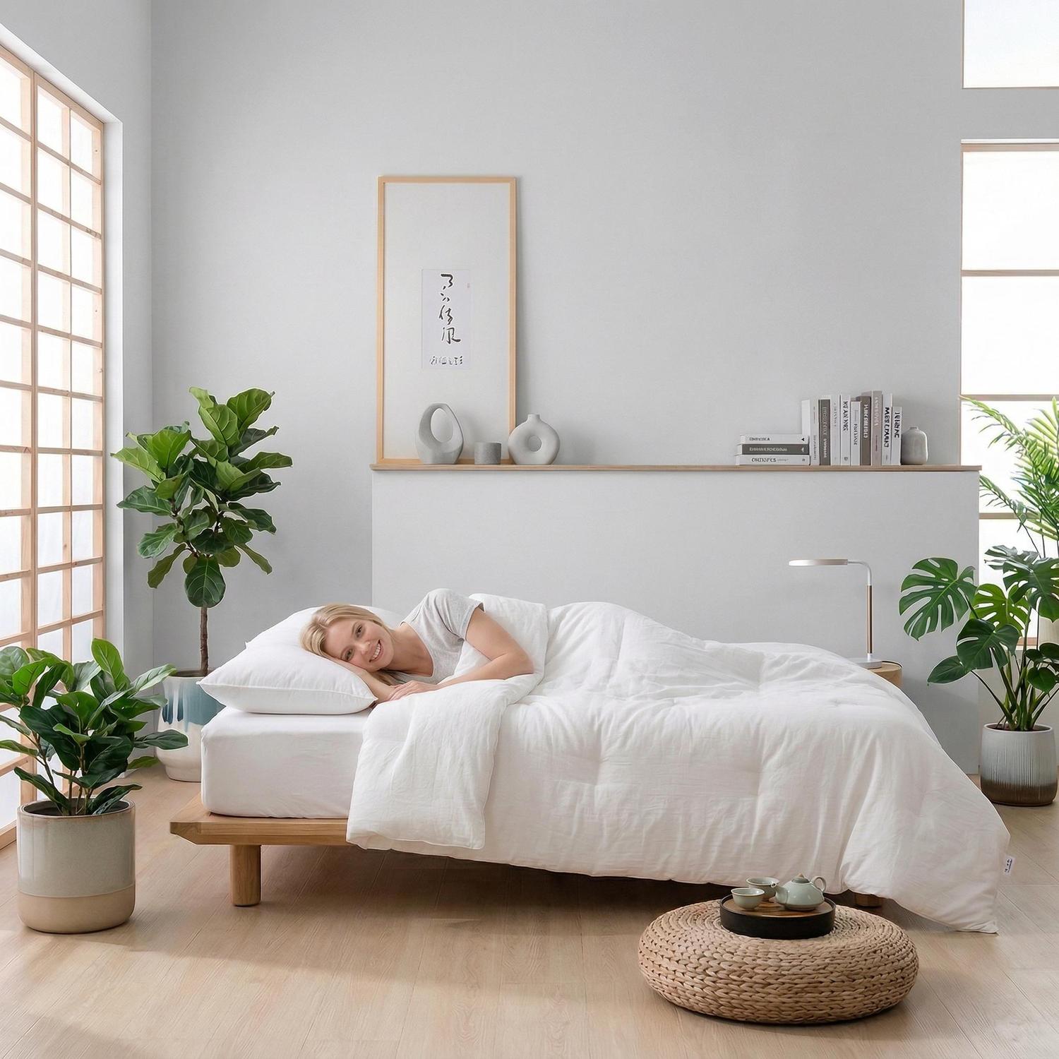 Woman smiling in bed with a white quilted cotton comforter duvet insert on a light wood frame.