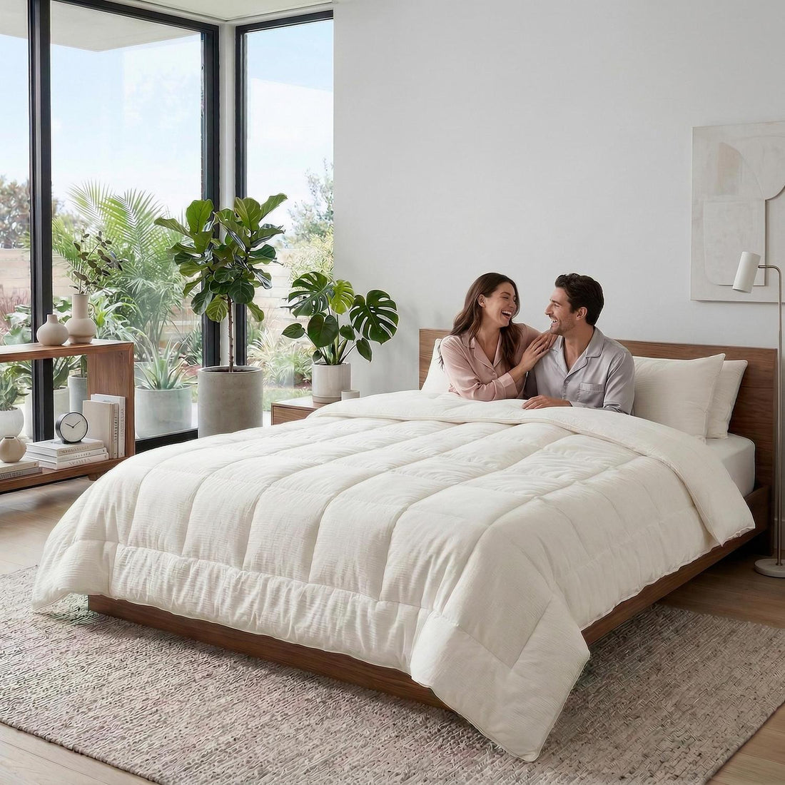 White quilted cotton comforter on a wooden bed with a couple smiling, in a bright bedroom.