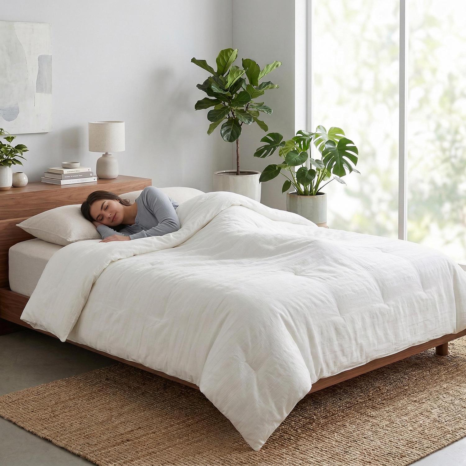 Woman sleeping soundly under a white quilted cotton comforter on a wooden bed in a bright bedroom.