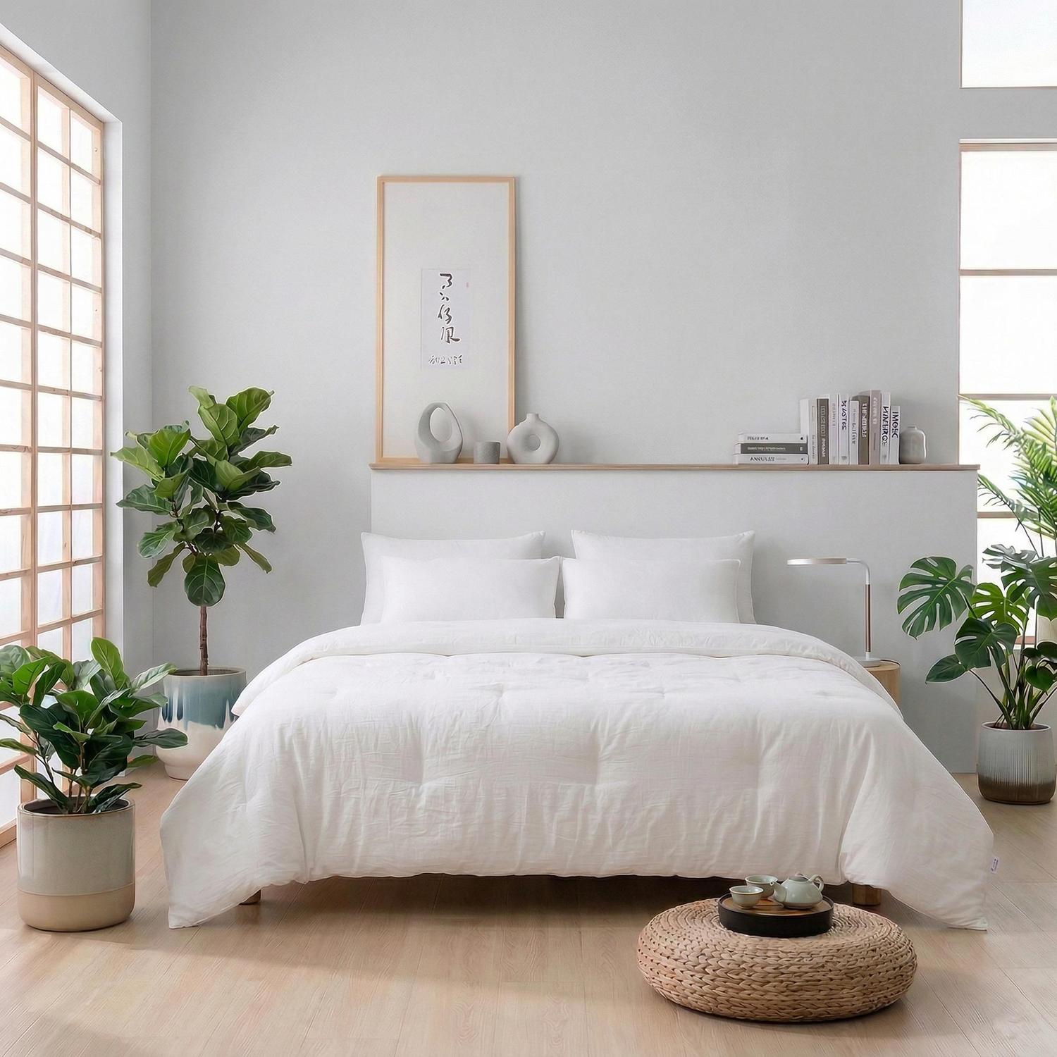 White quilted cotton comforter duvet insert on a bed in a minimalist bedroom with plants.