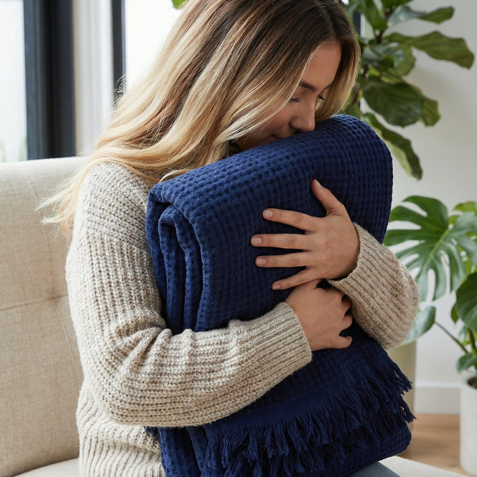 Woman hugging a soft, navy blue cotton fringed blanket with a waffle knit texture.
