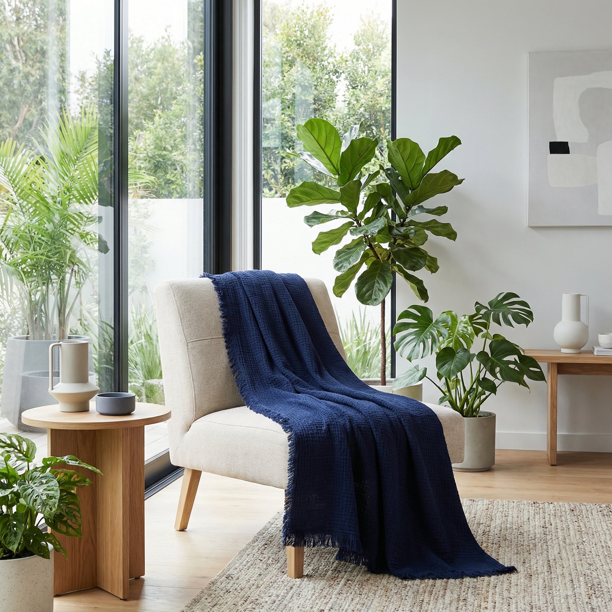 Navy blue cotton fringed blanket draped over a beige armchair in a bright, modern living room.