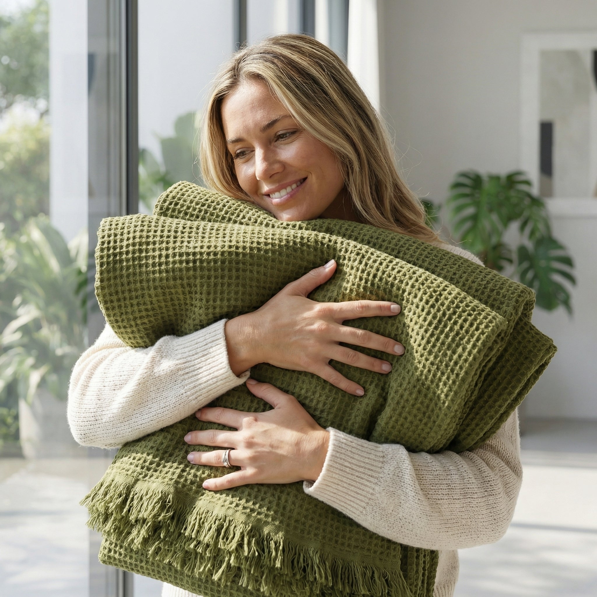 Smiling woman hugging a soft, olive green Japanese retro fringed cotton blanket with a waffle knit texture.