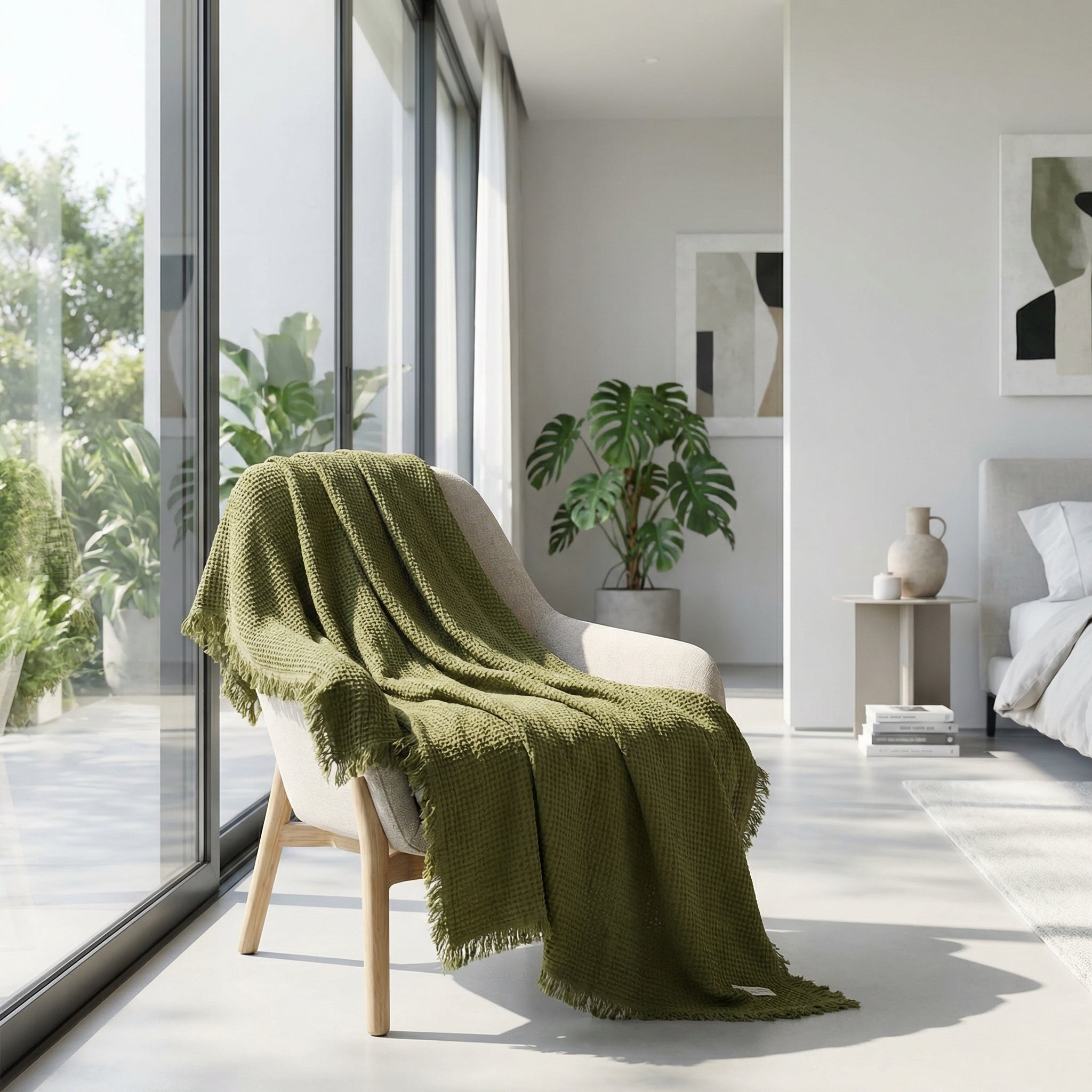 Olive green Japanese retro fringed cotton blanket draped over a light armchair in a modern, sunny room.