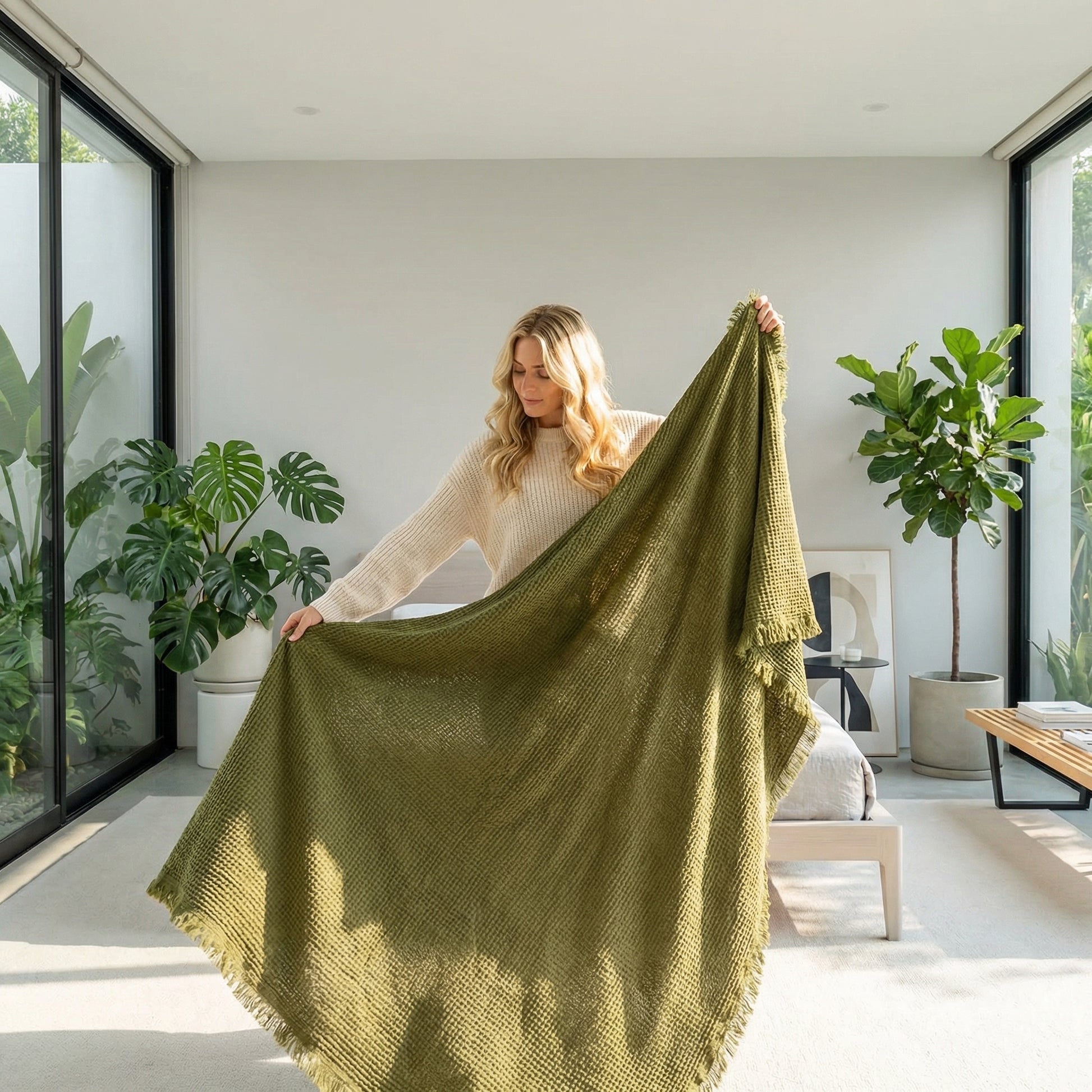 Blonde woman holding up a large, olive green Japanese retro fringed cotton blanket in a bright, modern room.