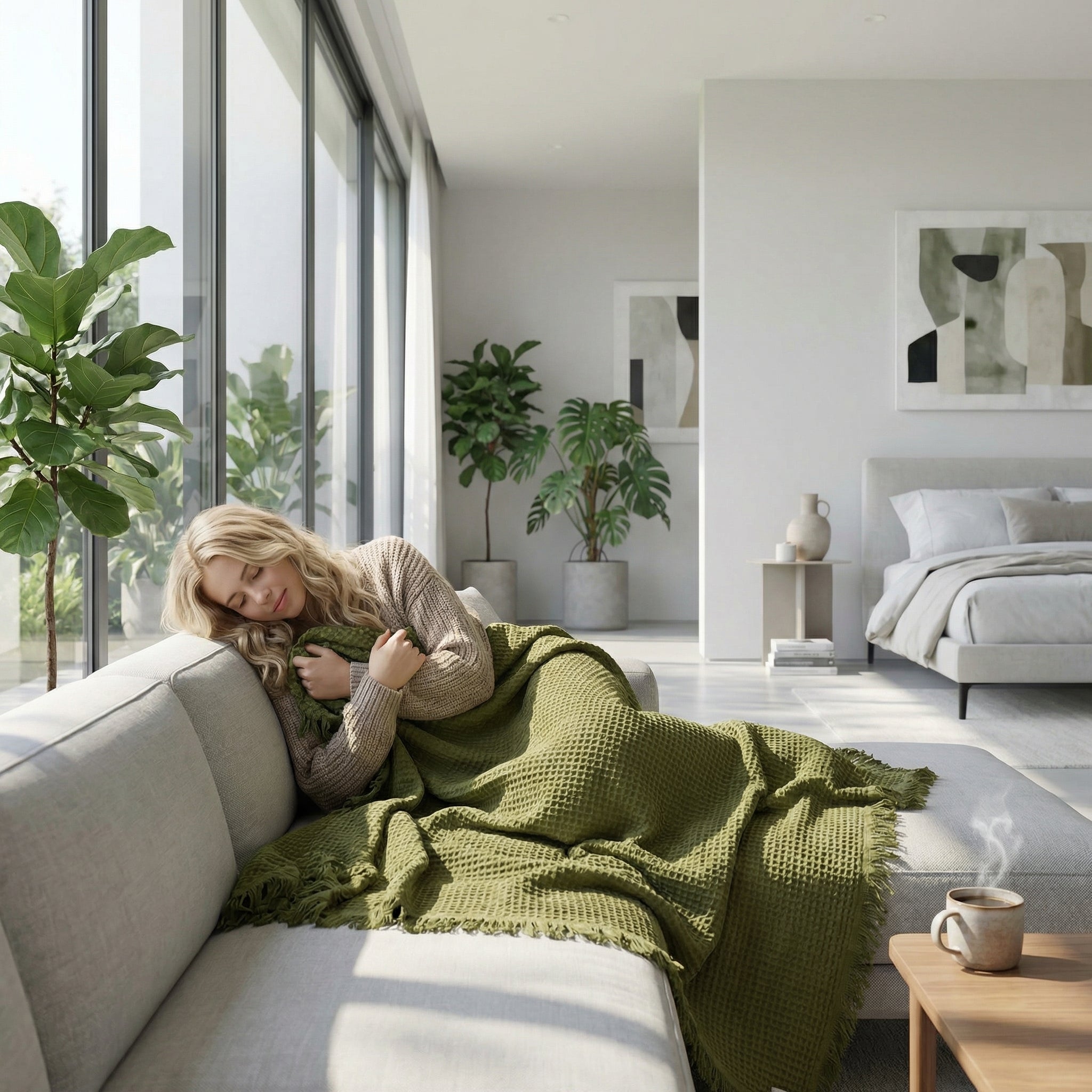 Blonde woman relaxing on a light gray sofa, wrapped in a cozy, olive green Japanese retro fringed cotton blanket.