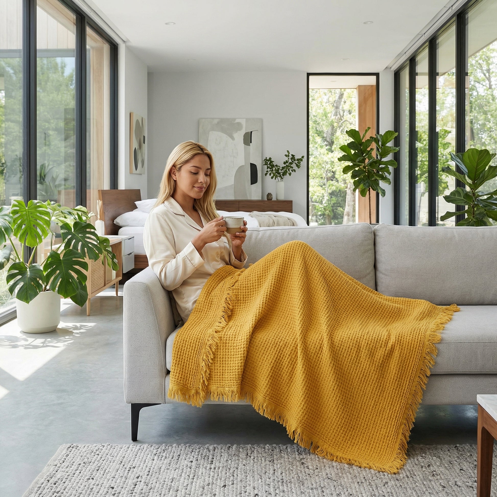 Woman relaxing on a gray sofa, covered by a mustard yellow cotton fringed blanket.