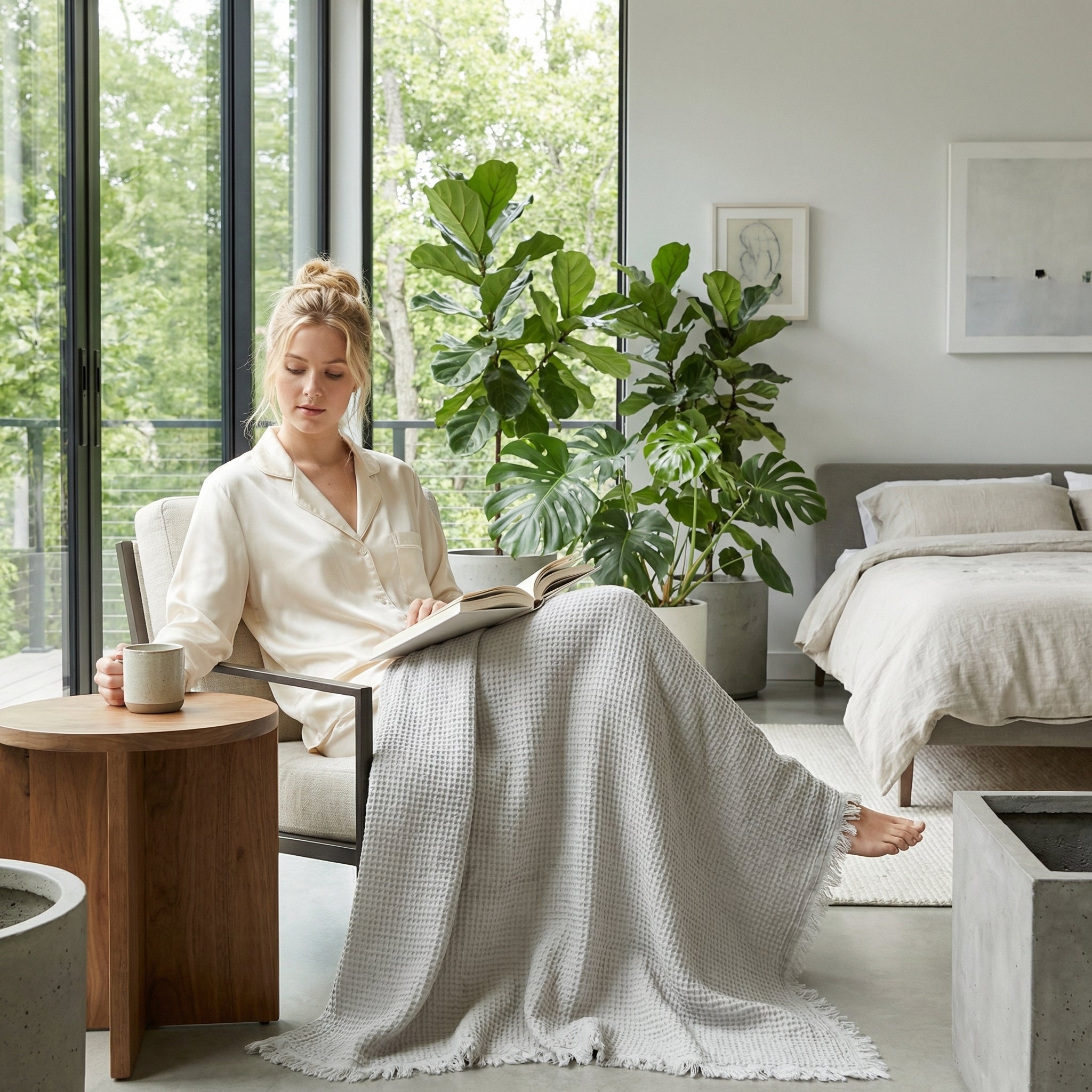 Woman relaxing with a book, draped in a light grey cotton fringed blanket, in a bright, modern room.