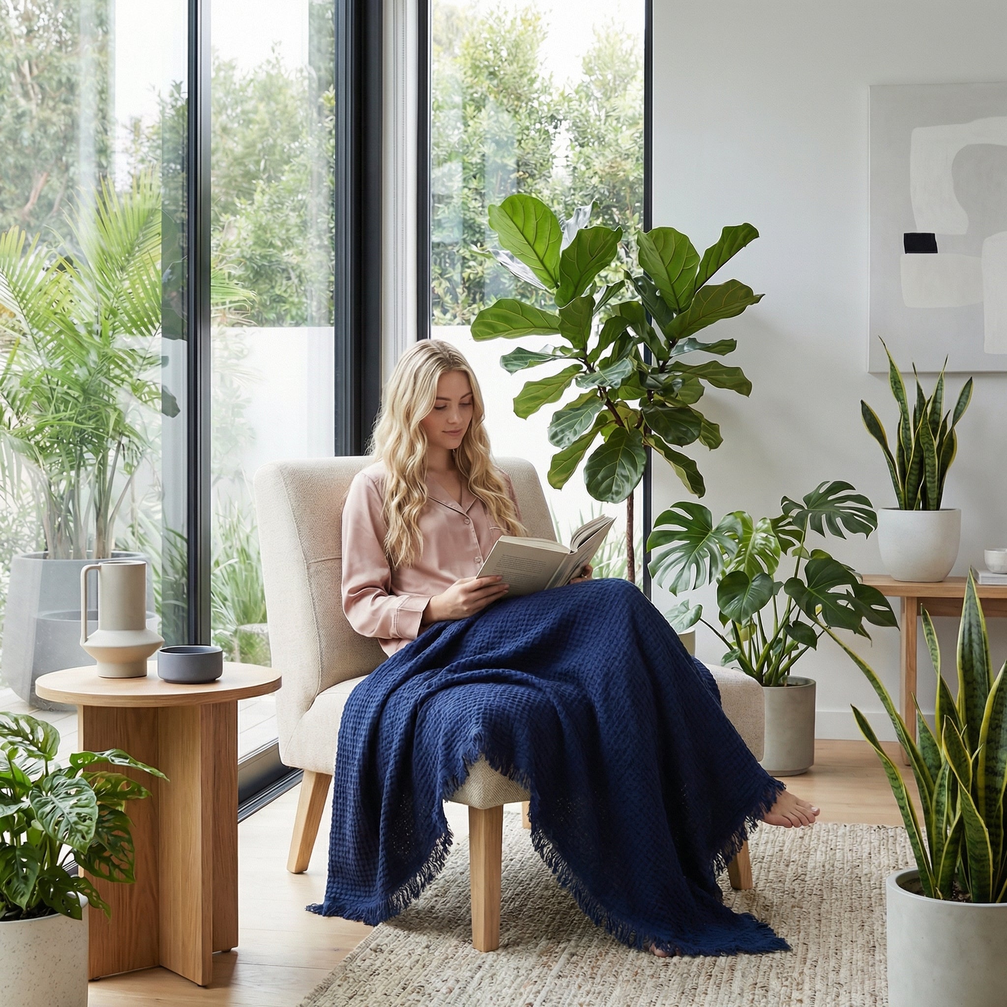 Blonde woman reading in a chair, covered by a navy blue Japanese retro fringed cotton blanket.