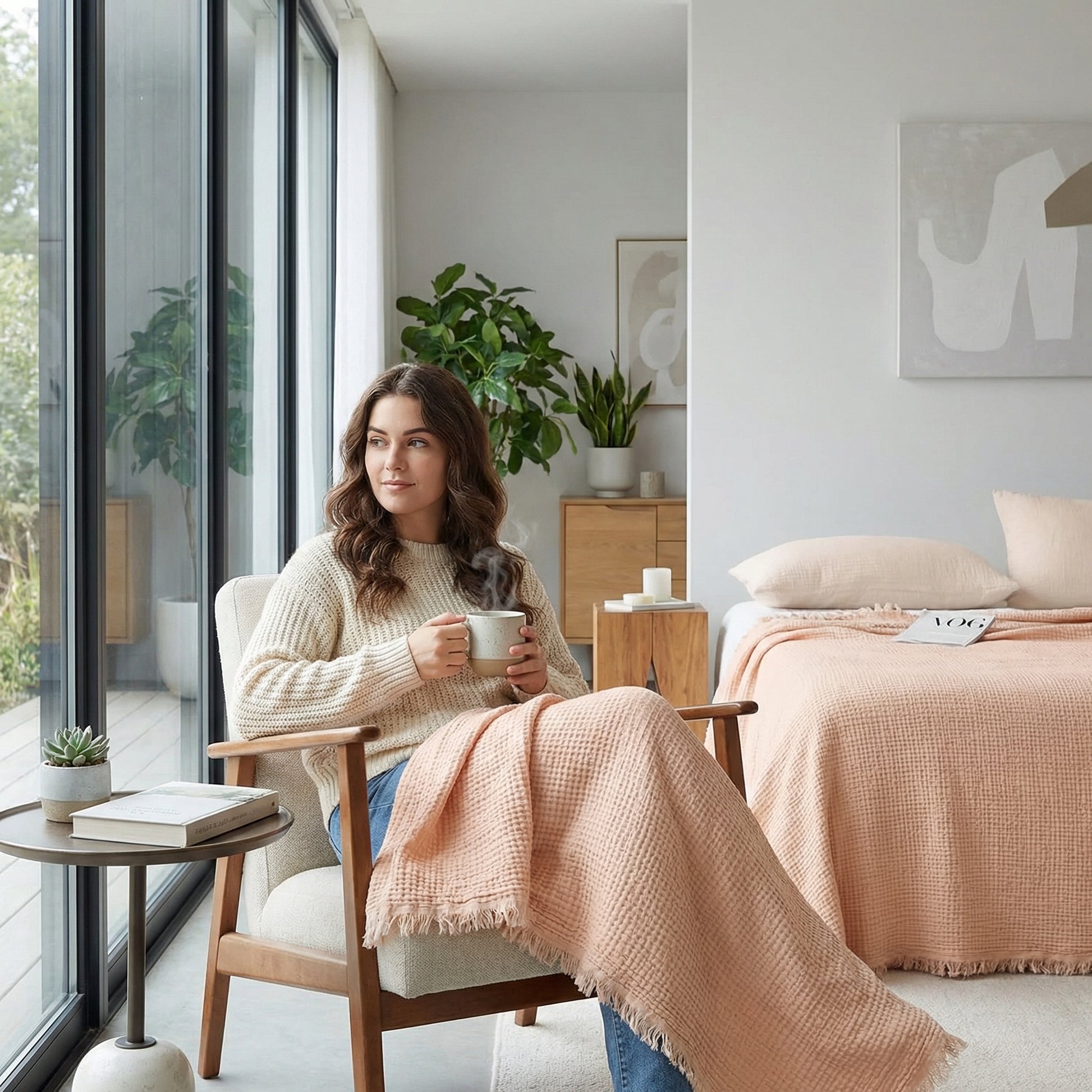 Woman relaxing in a chair, covered by a soft, peach-colored Japanese retro fringed cotton blanket.