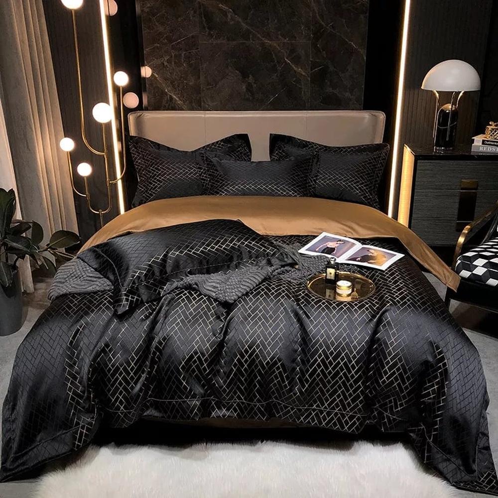 Jasmine Black Luxury Duvet Cover Set - Premium Cotton & Satin Blend, 600-Thread Count