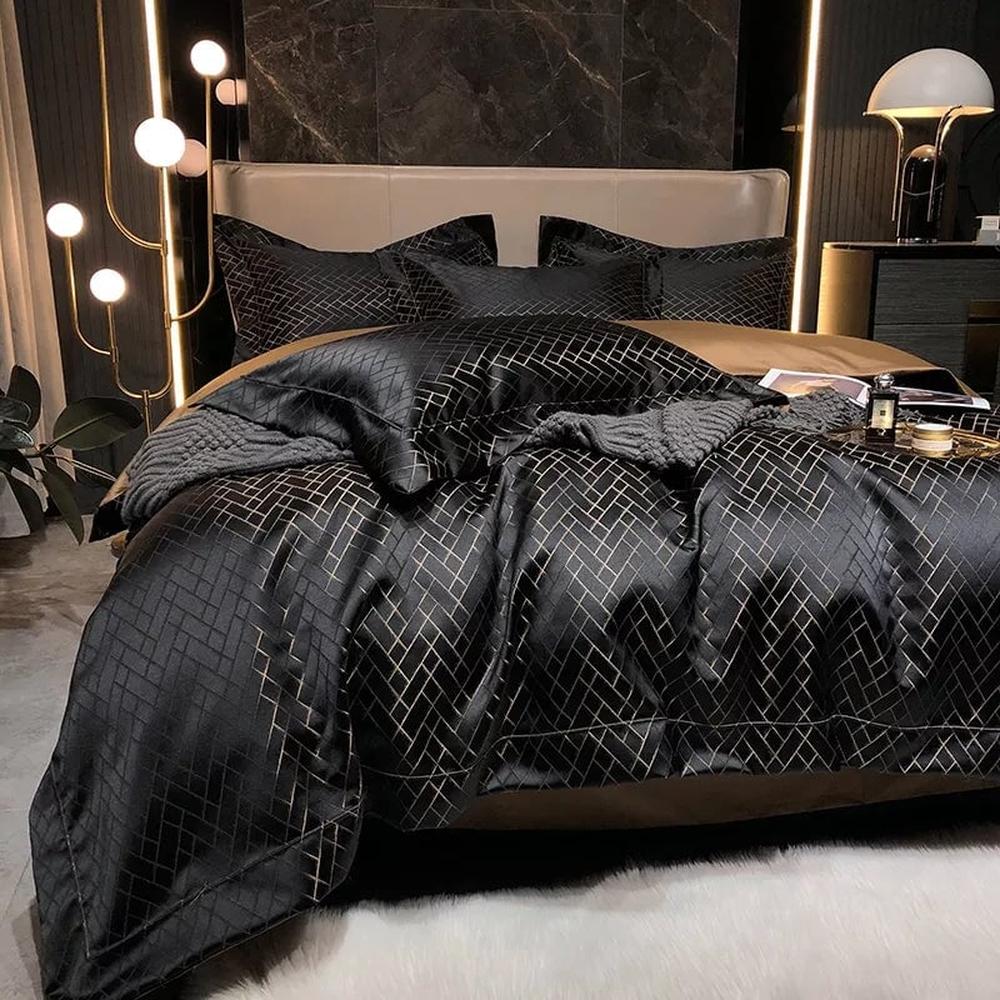 Jasmine Black Luxury Duvet Cover Set - Premium Cotton & Satin Blend, 600-Thread Count