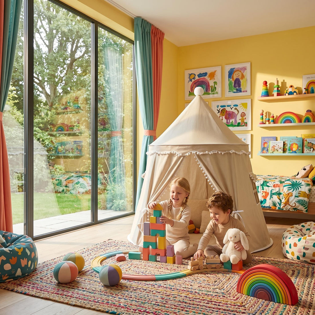 Two children playing inside a beige indoor play tent with white trim, pom-poms, and a top pom-pom.