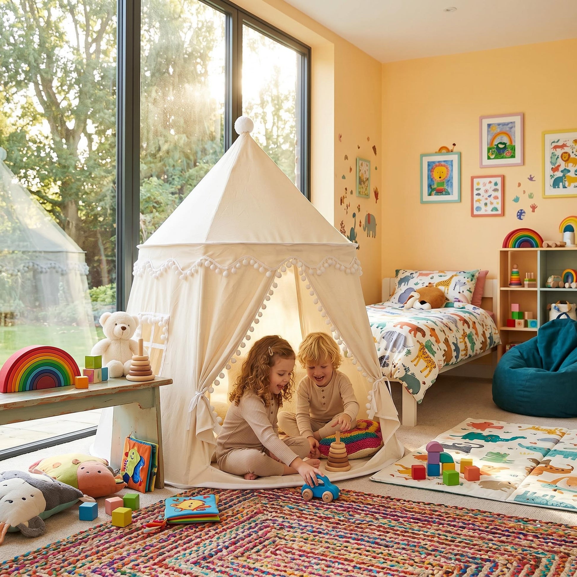 Two children playing inside a cream fabric indoor play tent with pom-pom trim, surrounded by colorful toys in a bright room.