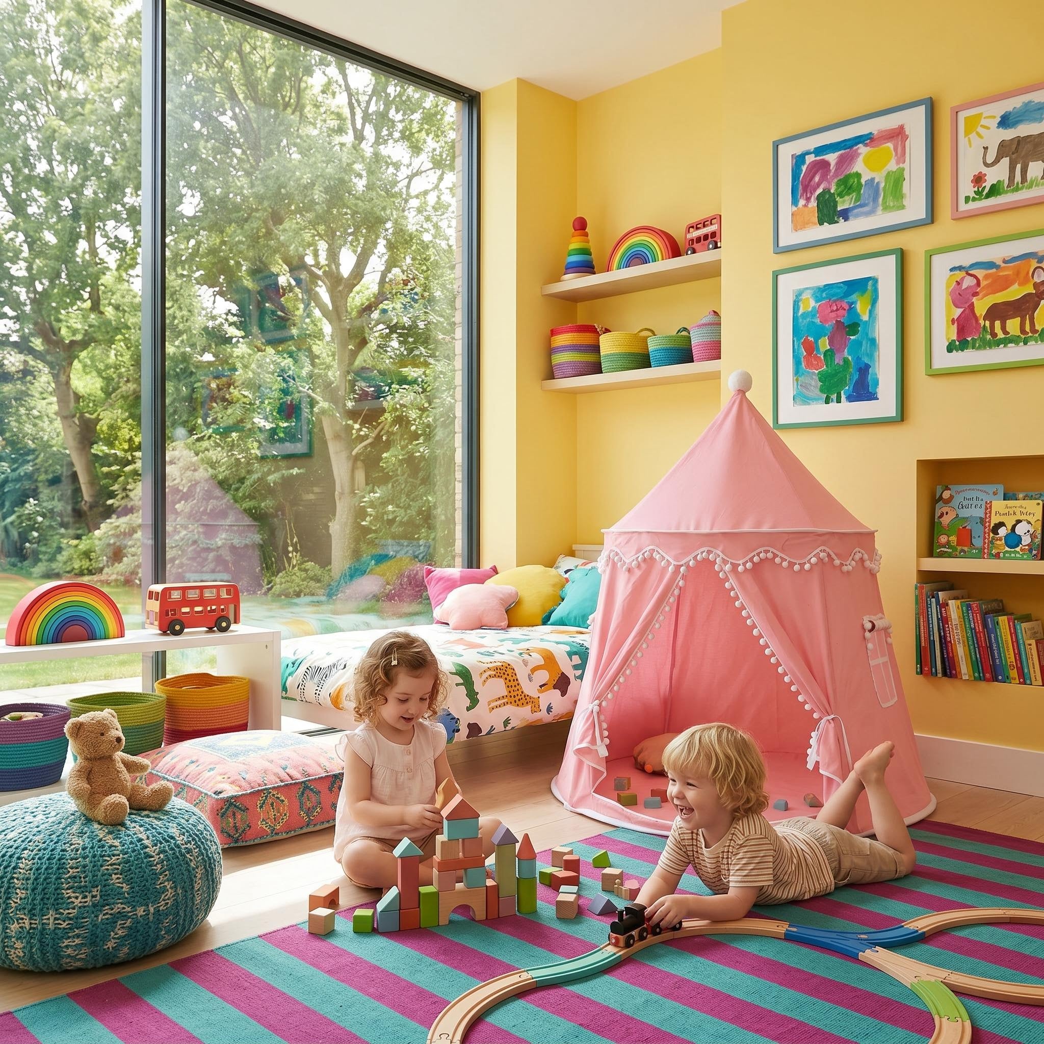 Two kids playing with blocks and a train set next to a pink indoor play tent in a sunny yellow room.