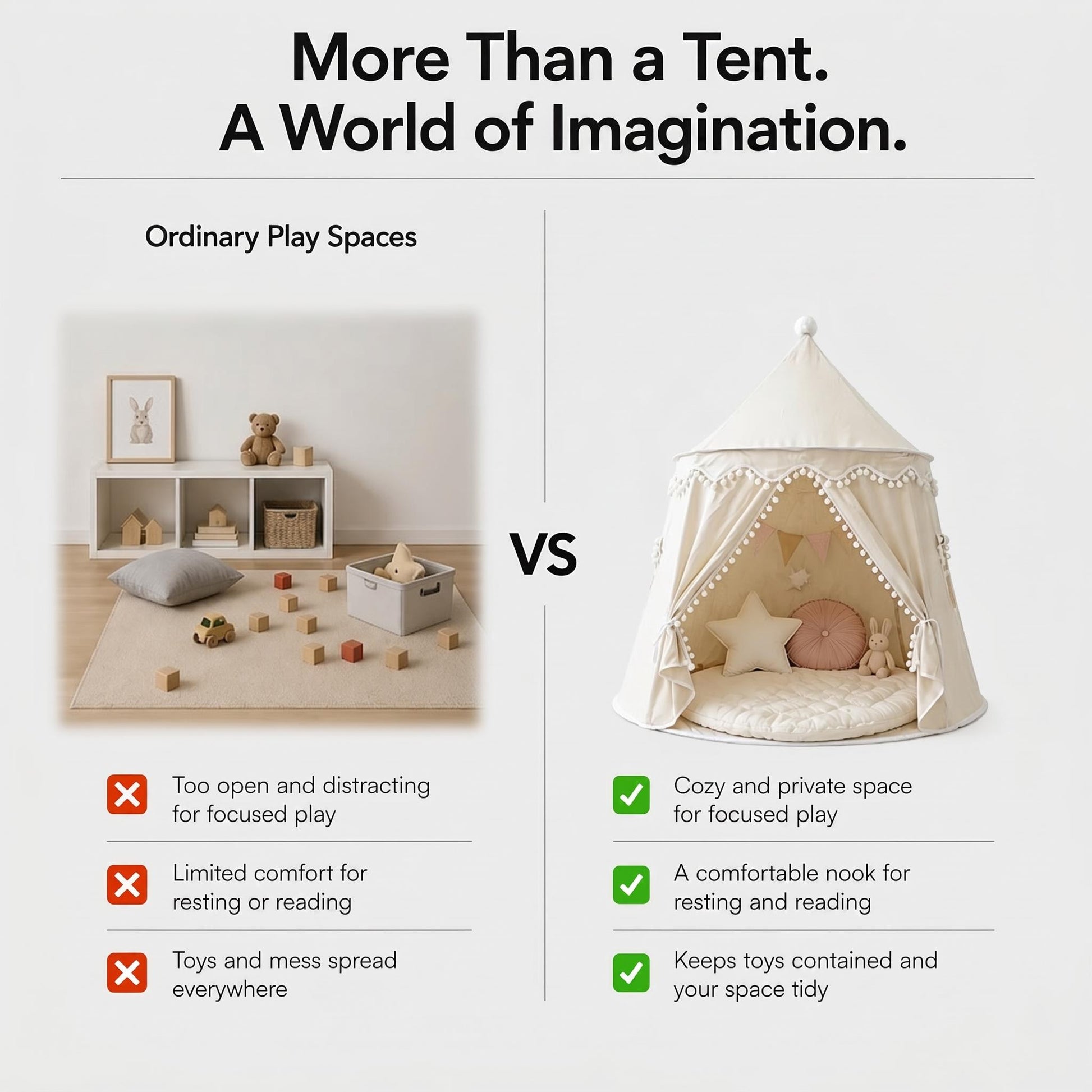 Cream indoor play tent with pom-pom trim, a soft quilted mat, and decorative pillows, creating a cozy hideaway.