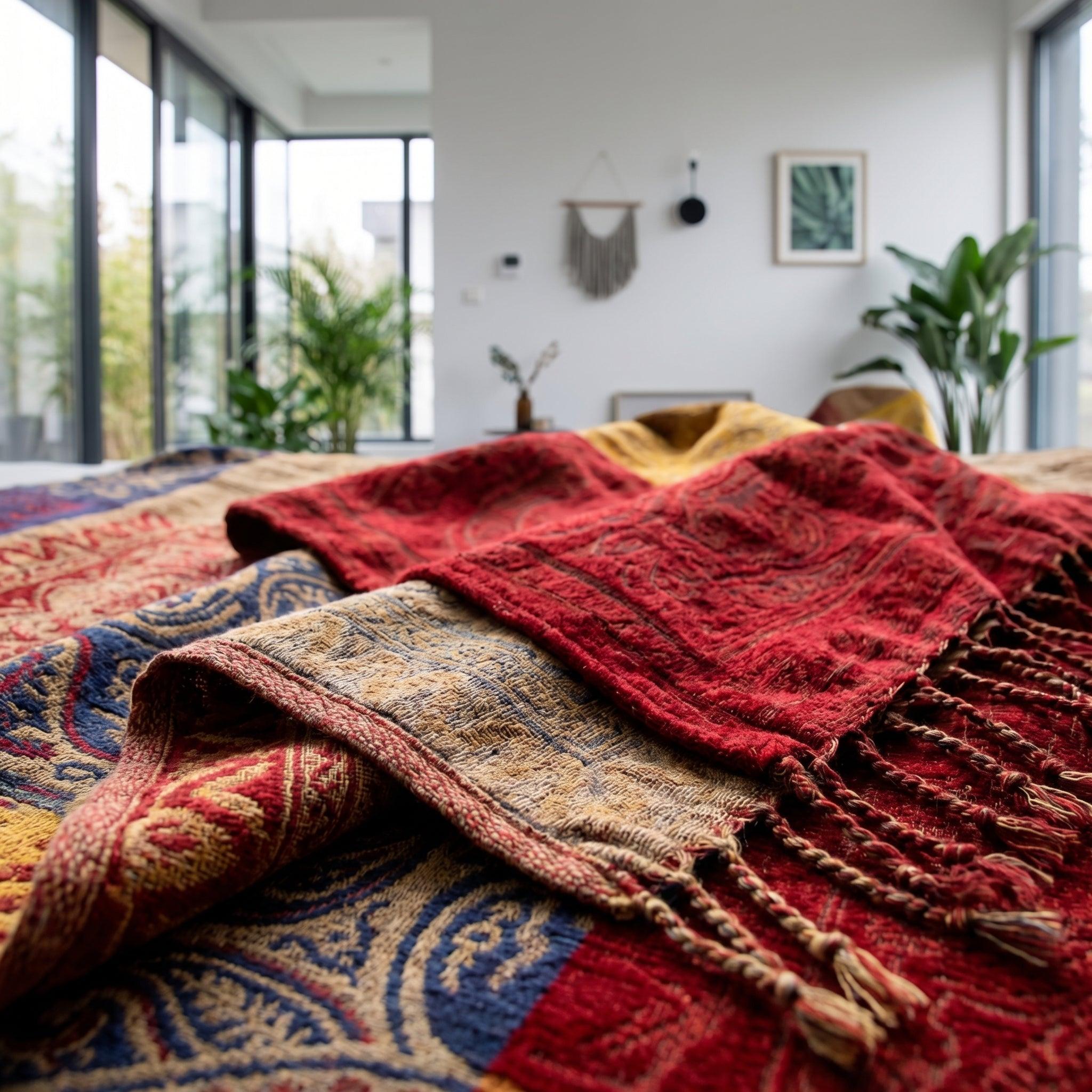 Knitted throw blanket with reversible red, blue, and gold paisley pattern, featuring chic tassel accents.