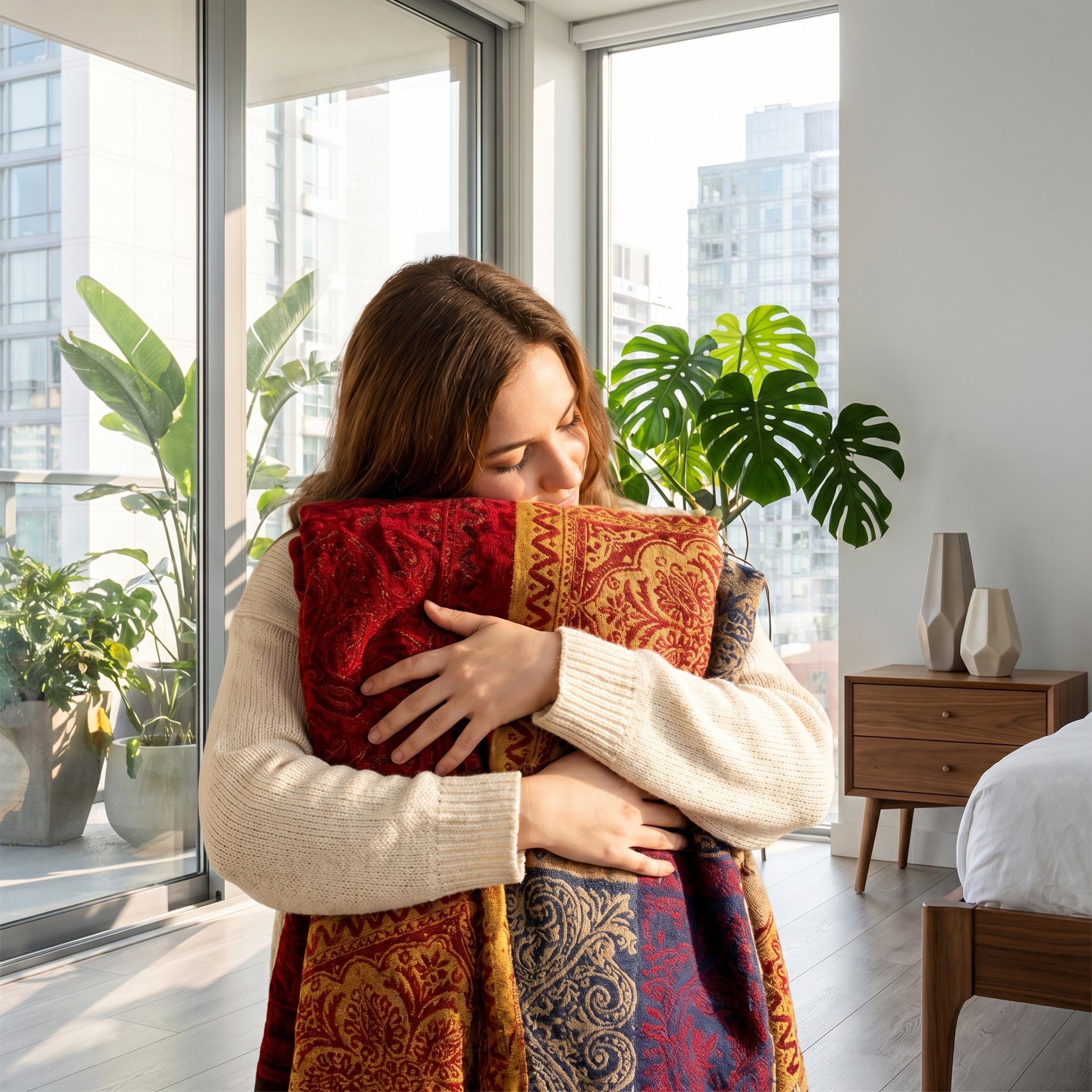 Woman hugging a reversible knit throw blanket with red, gold, and blue patterns and tassel accents.