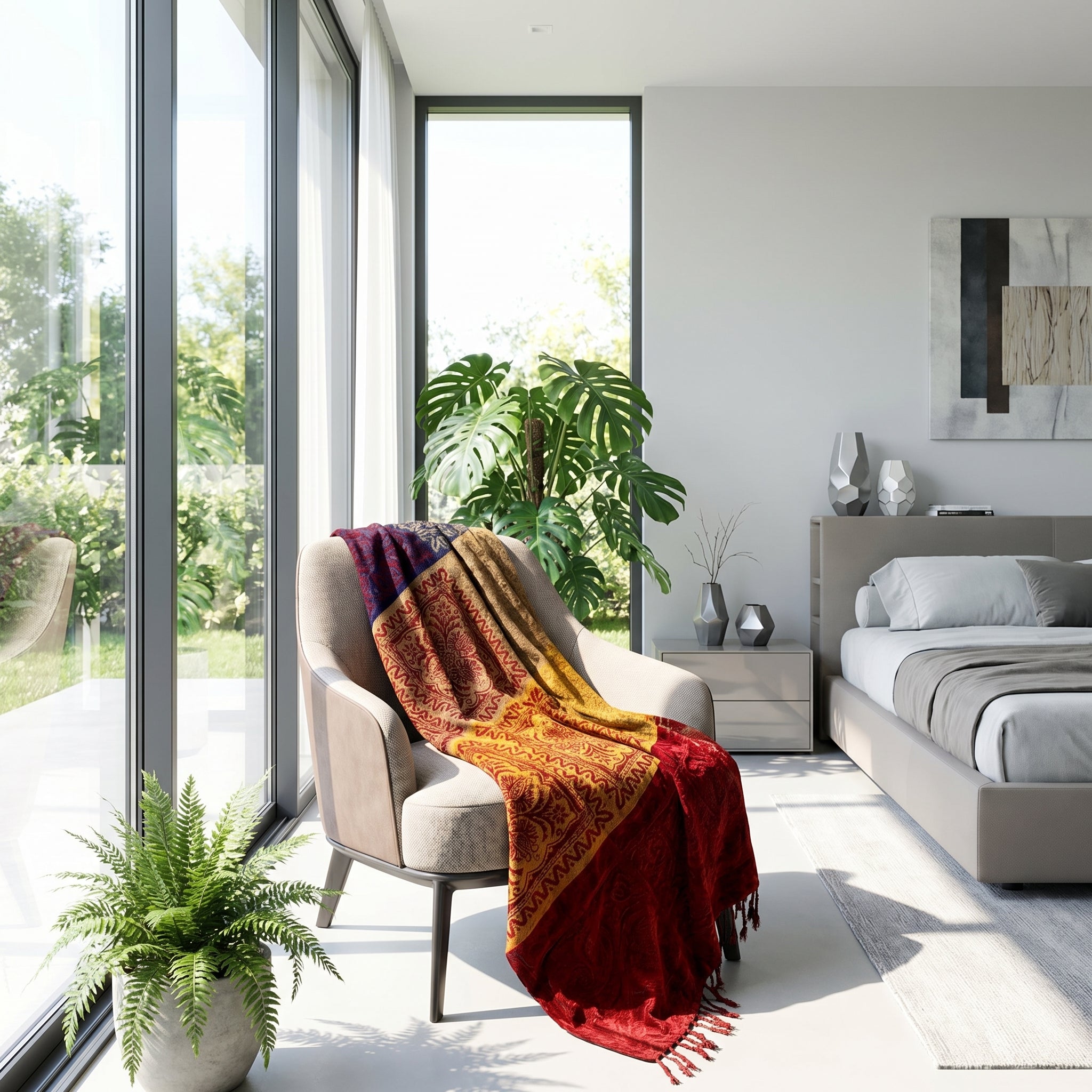 Vibrant knit throw blanket with reversible pattern and tassel accents draped over a beige armchair in a modern bedroom.