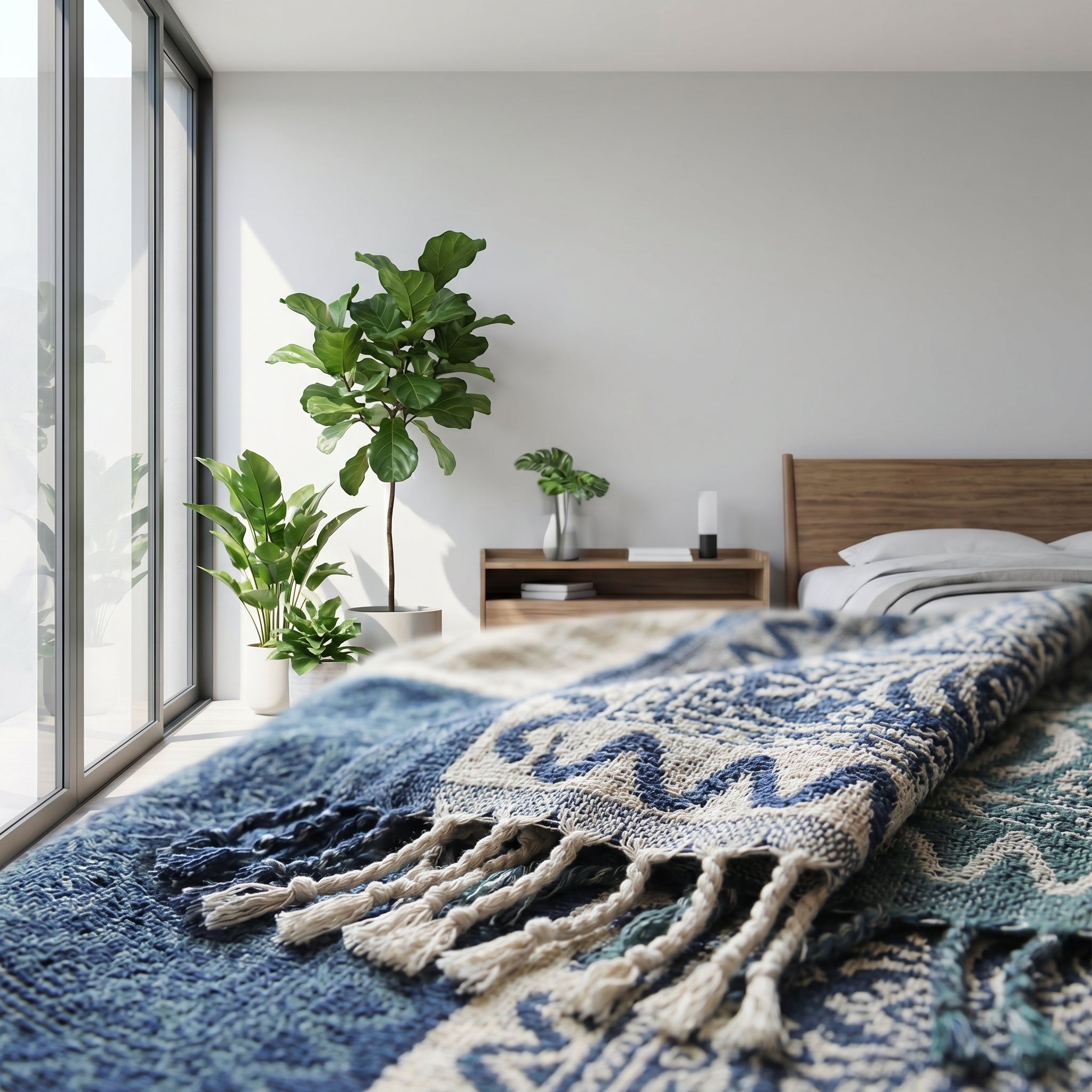 Blue and white knit throw blanket with tassel accents, featuring a reversible pattern, draped on a bed in a bright room.
