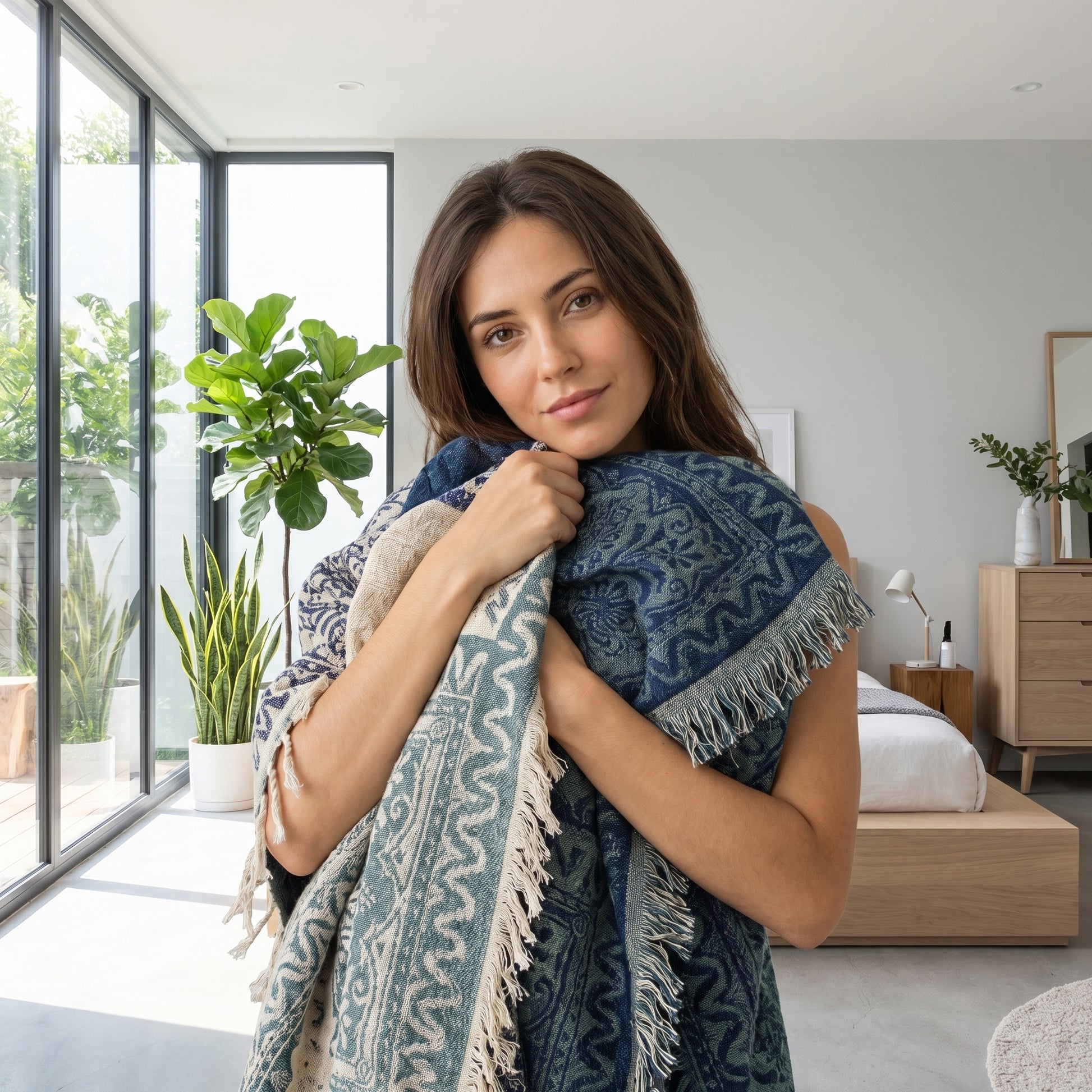 Woman holding a reversible blue and cream knit throw blanket with tassel accents in a modern bedroom.