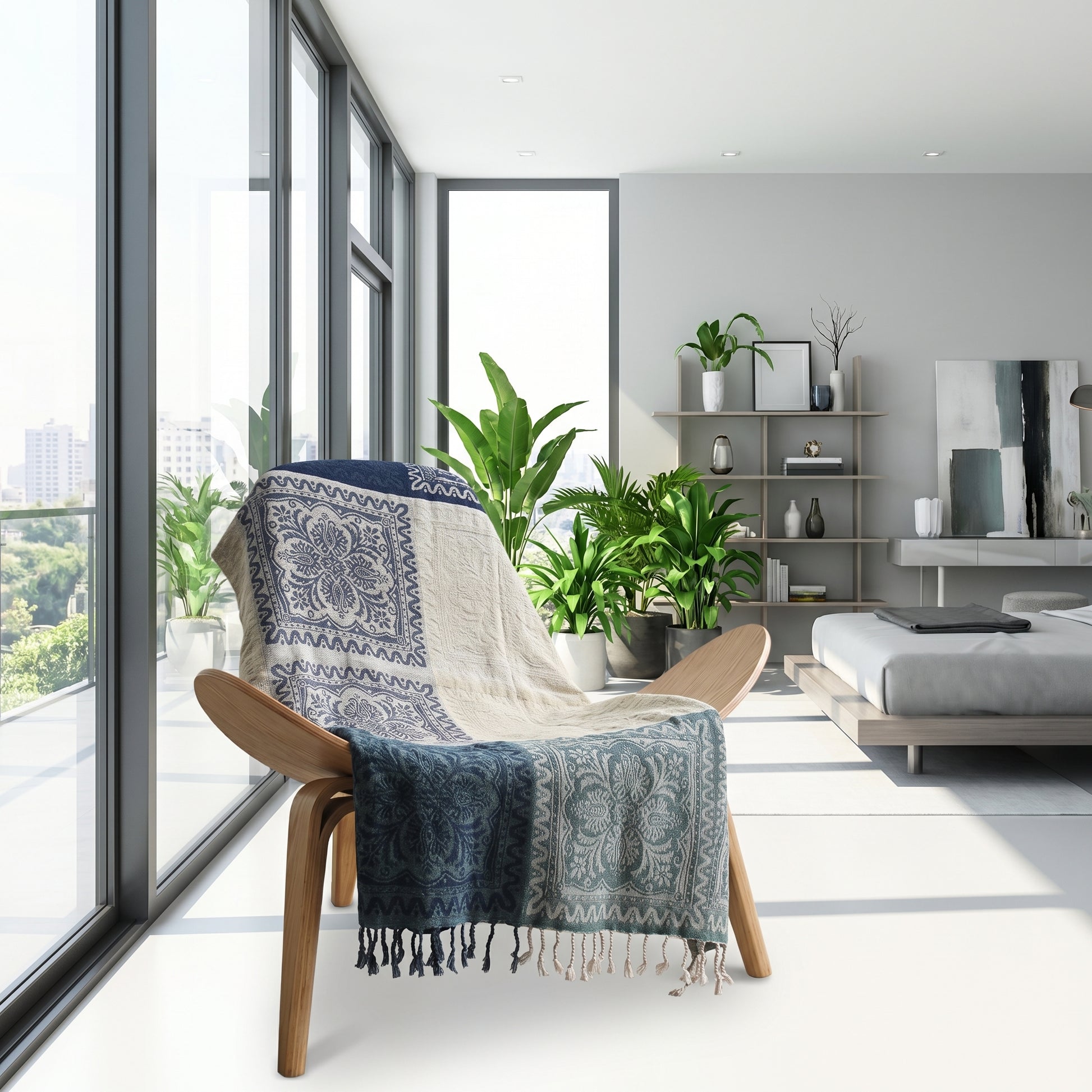 Reversible knit throw blanket with blue and beige floral patterns and tassels draped over a wooden lounge chair.