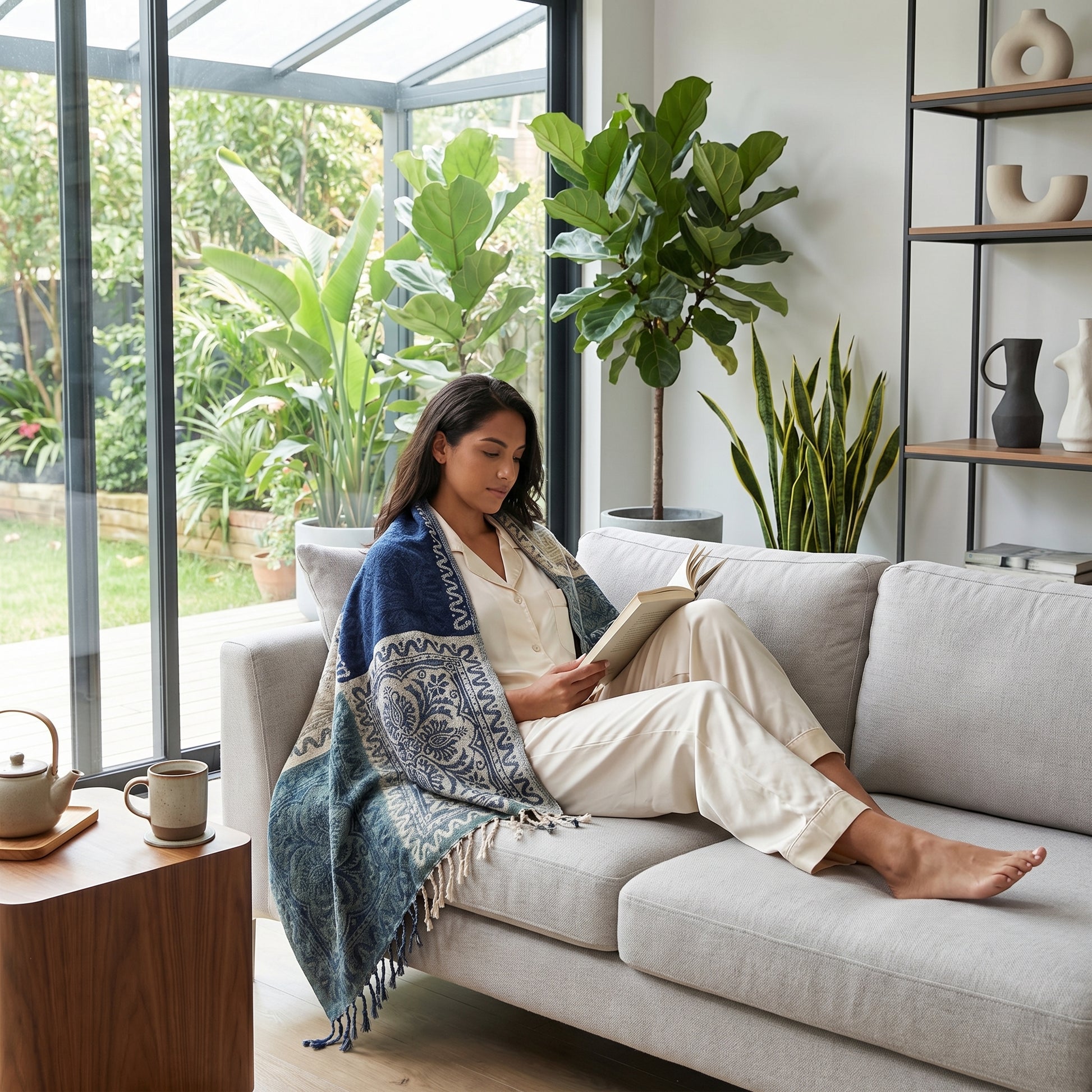 Woman on a light grey sofa, covered with a blue and white patterned knit throw blanket with tassels, reading a book.