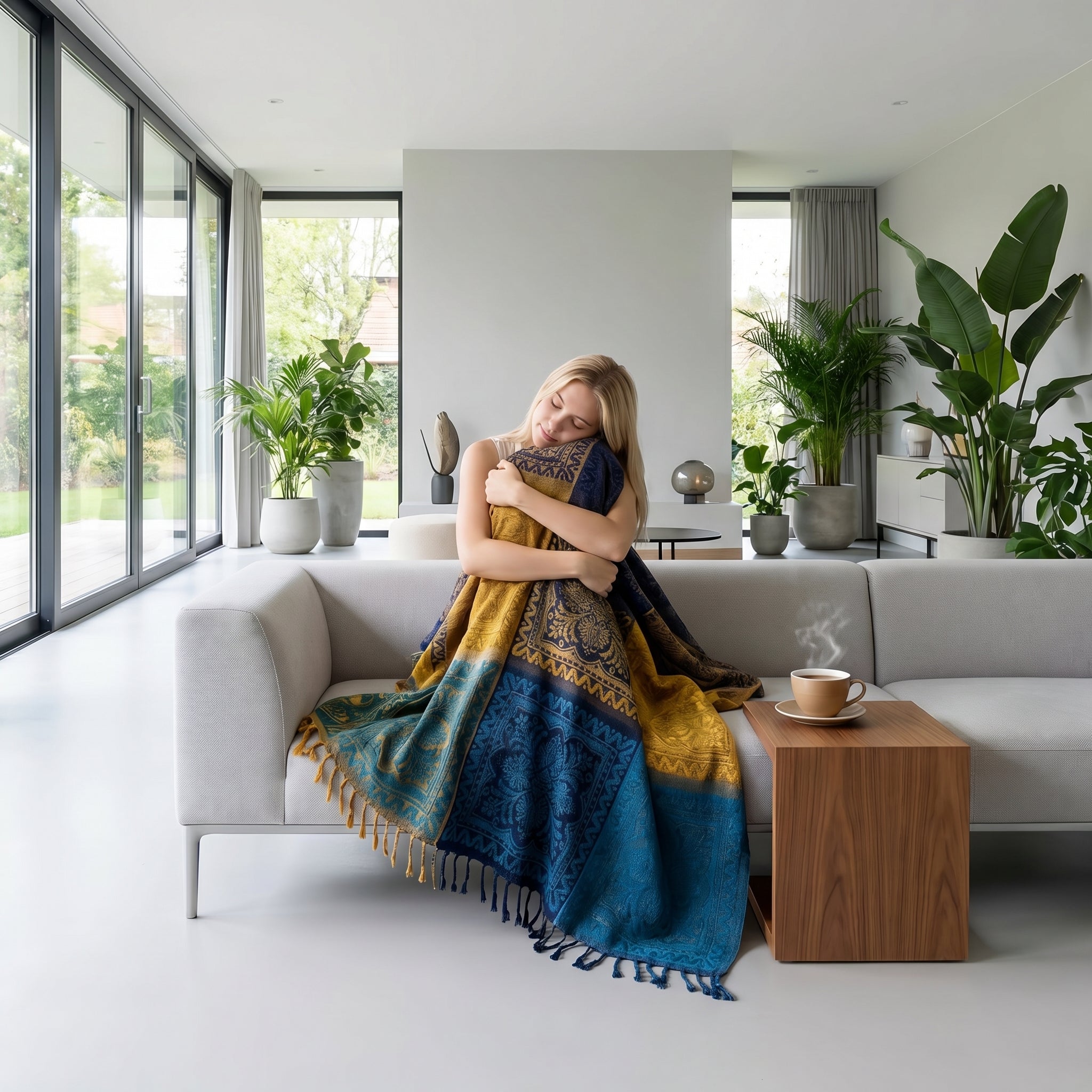 Woman on a sofa embracing a reversible knit throw blanket with blue and gold patterns and tassels.