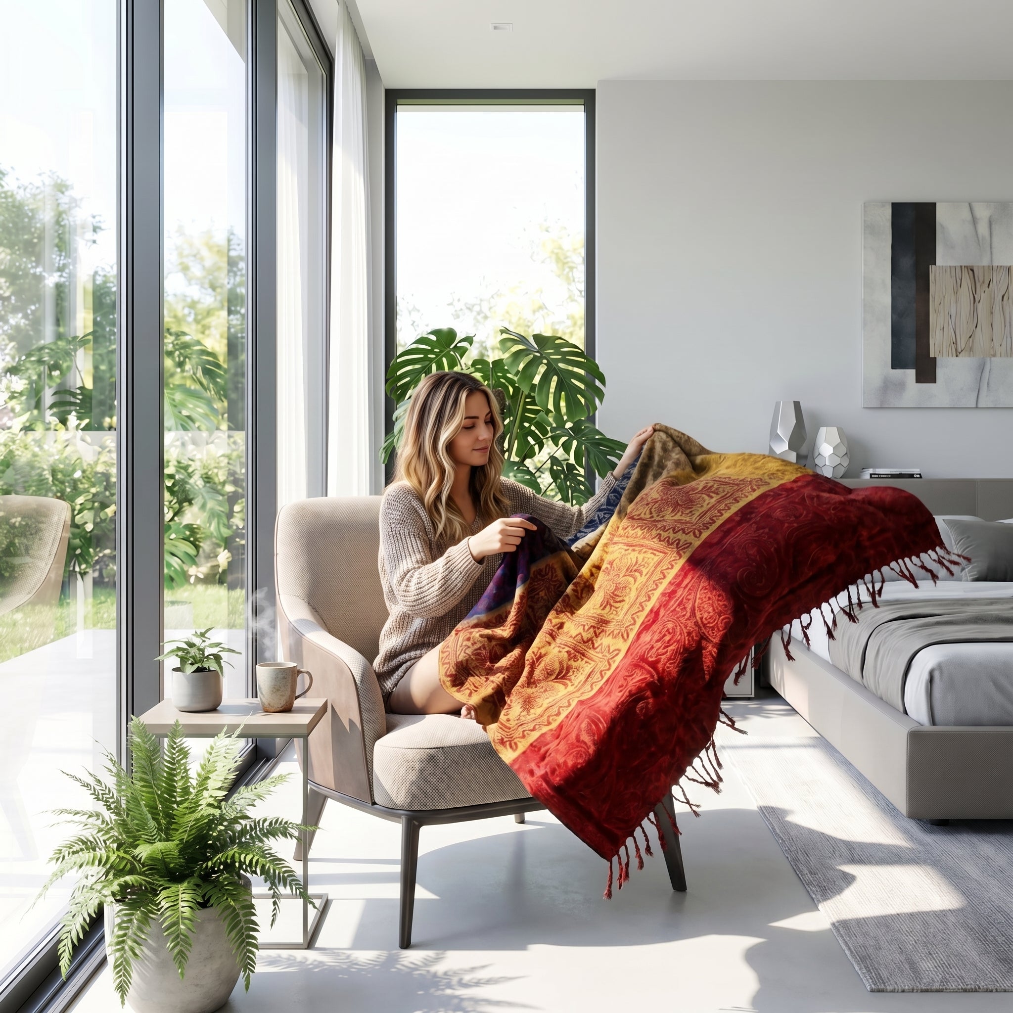 Woman holding a colorful knit throw blanket with tassel accents in a modern bedroom.