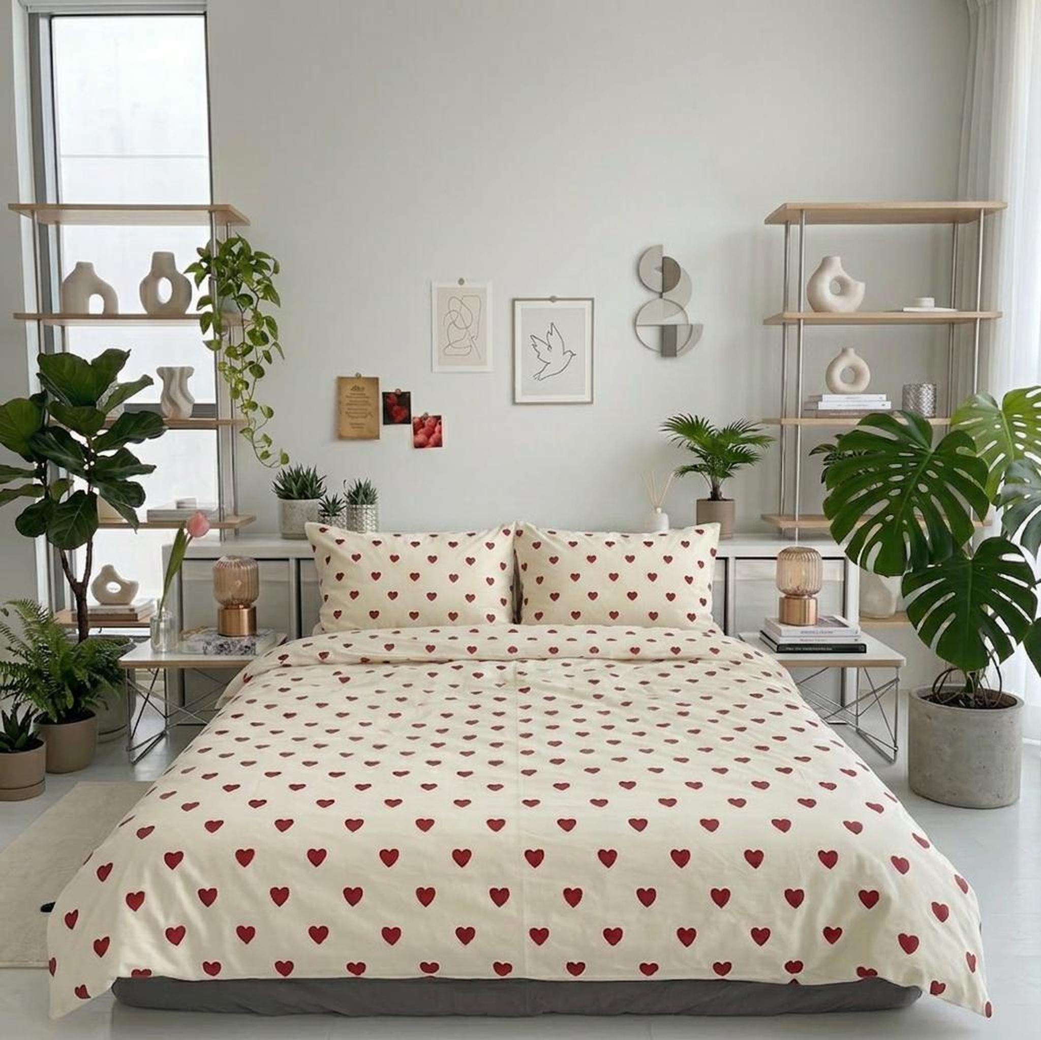 Cream microfiber bedding set with small red heart pattern, duvet cover, and two pillowcases on a bed.