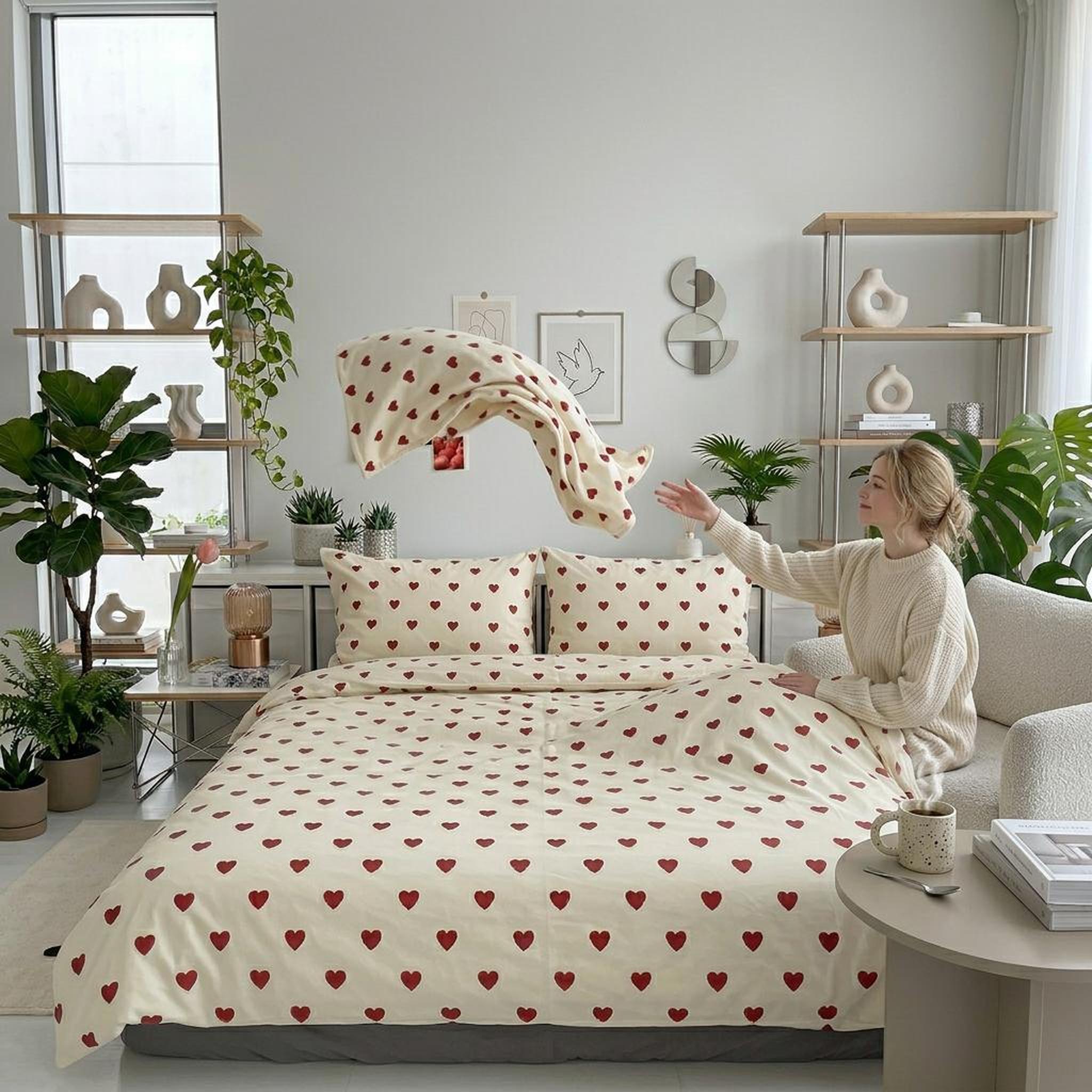 Korean Love Heart Bedding Set: Cream microfiber duvet cover with red heart pattern, pillowcases, and a woman tossing a sheet.