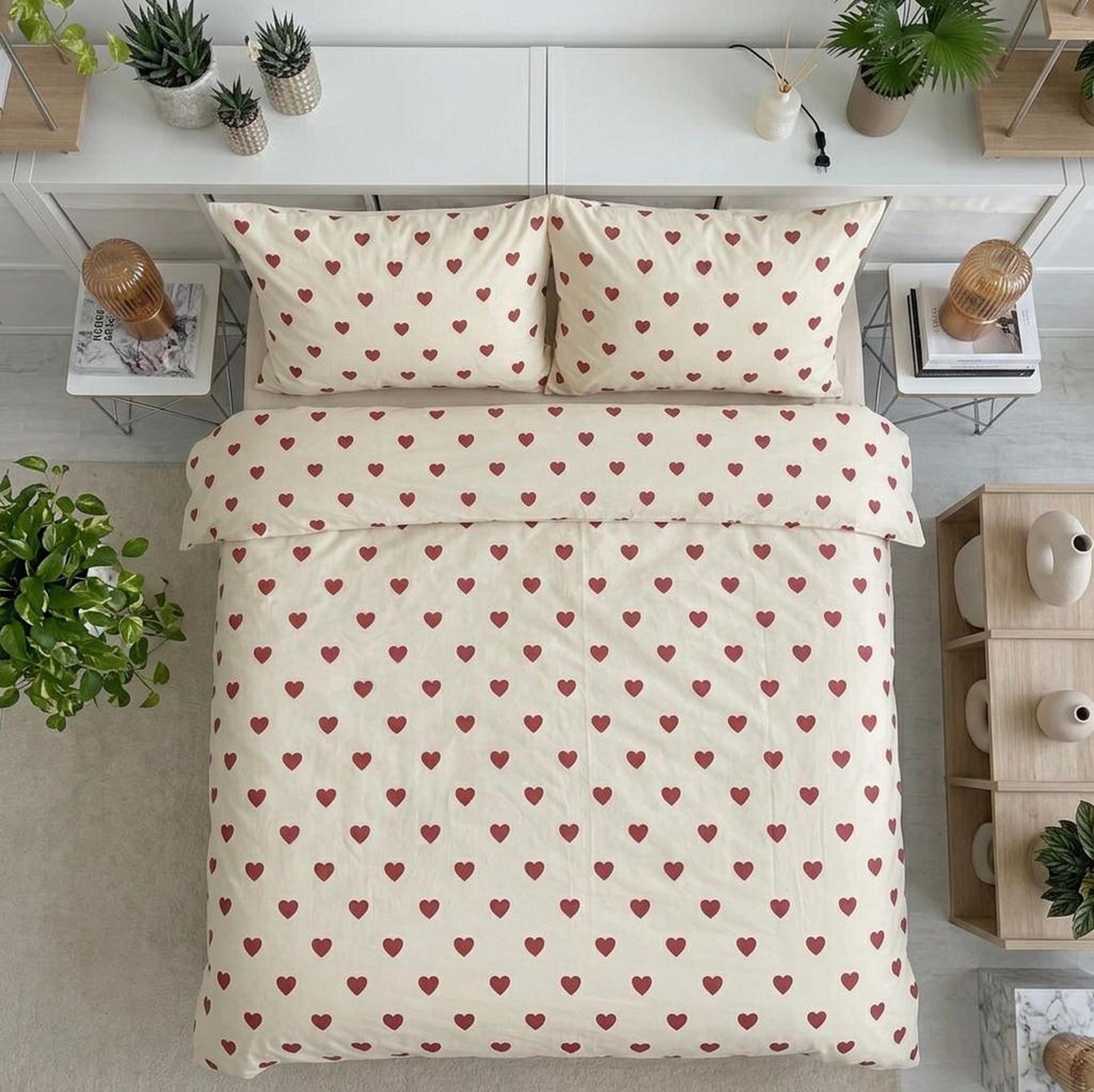 Korean Love Heart Bedding Set: Cream microfiber duvet cover and pillowcases with red heart pattern.