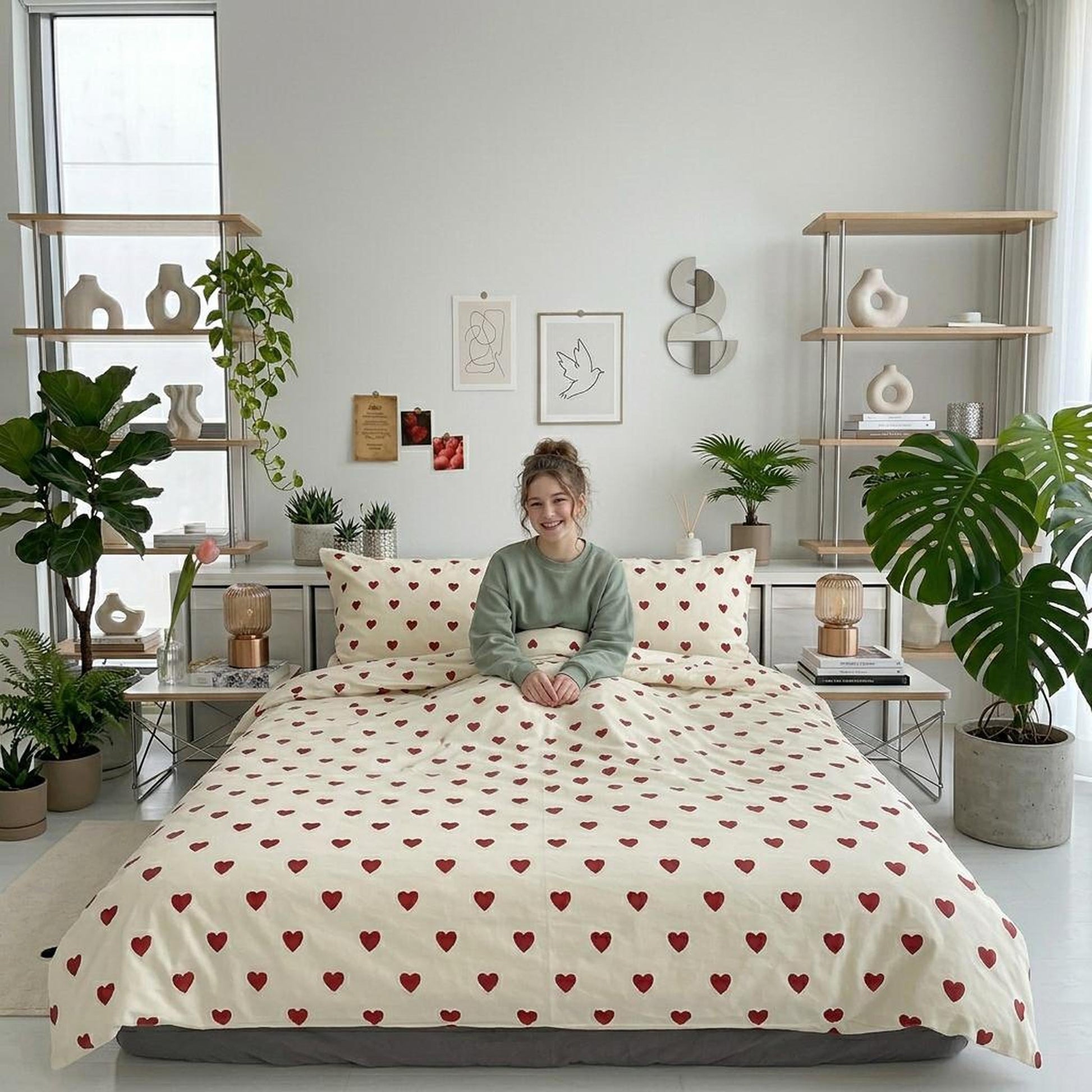 Cream microfiber bedding set with red heart pattern, featuring a smiling person sitting on the bed.