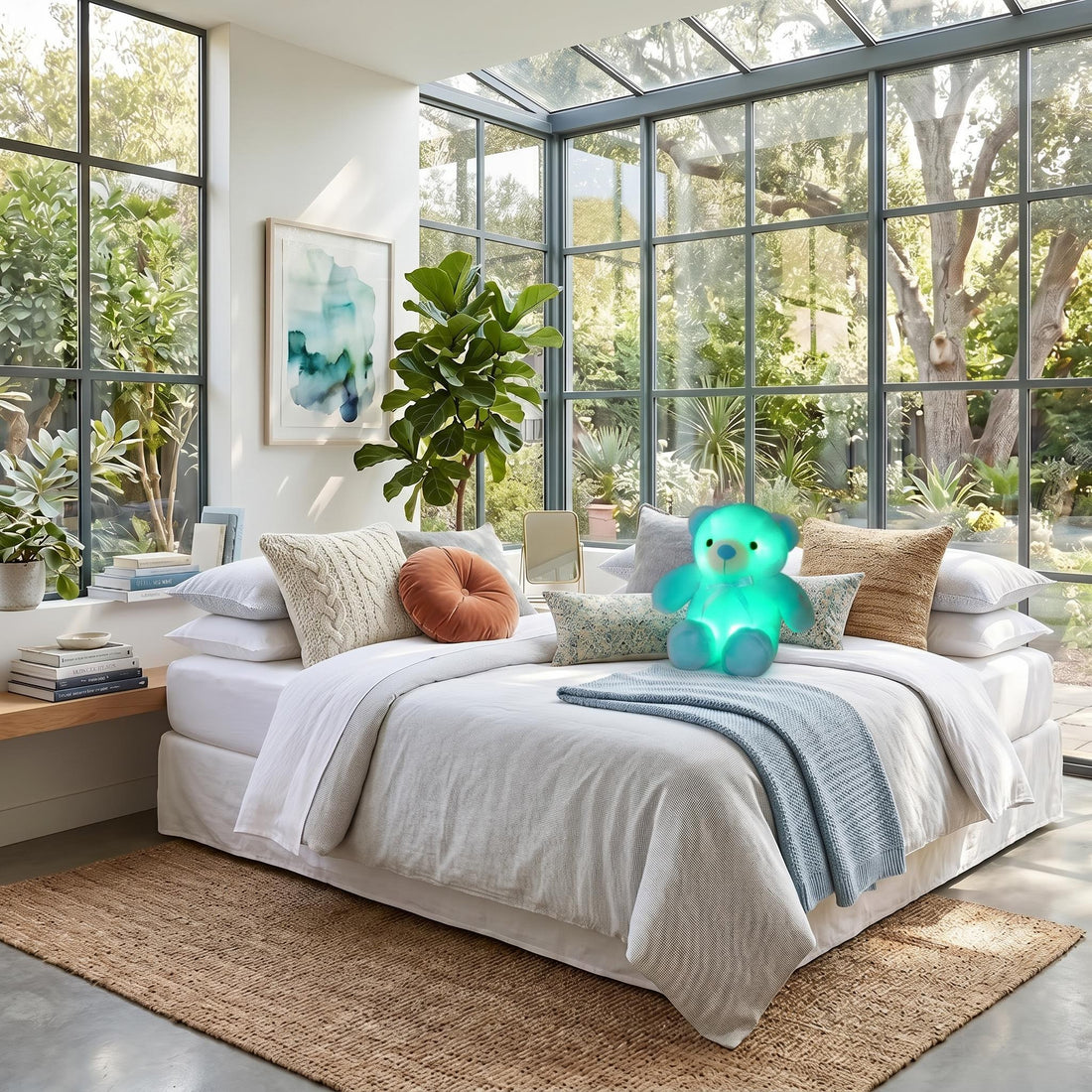 Smiling child holding a glowing blue plush teddy bear in a festive room.