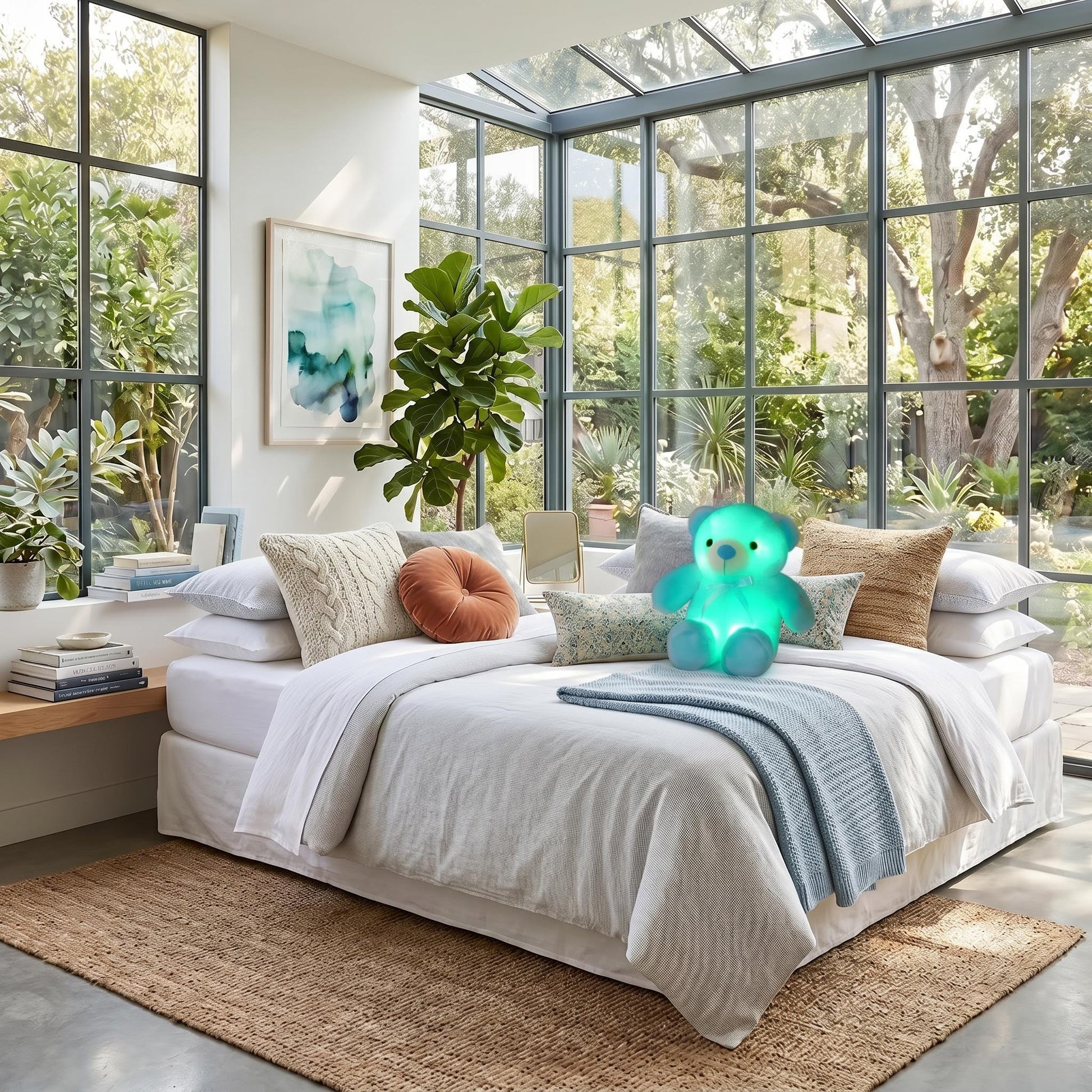 A plush teddy bear glowing green, sitting on a white bed with a blue throw in a bright room with large windows.