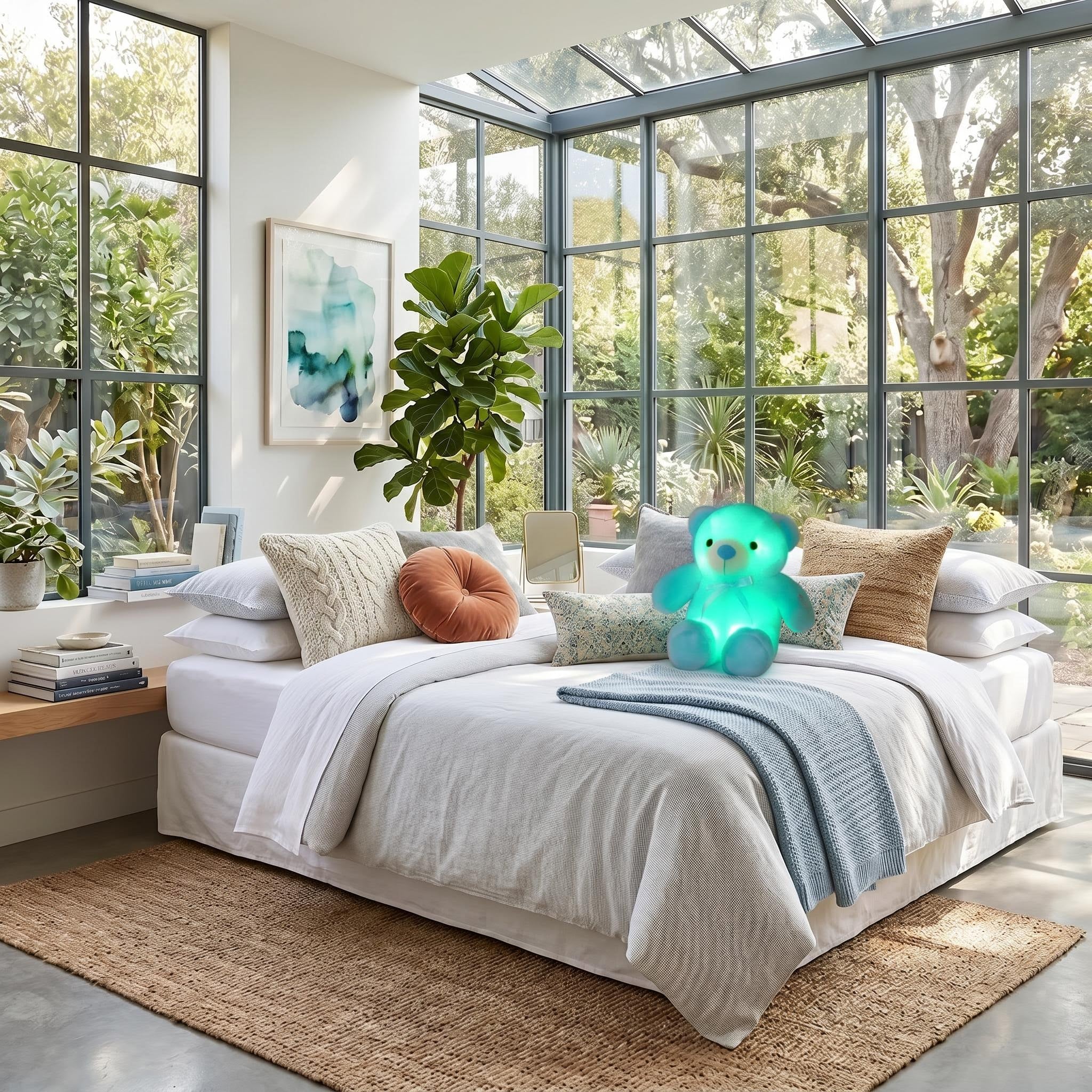 A plush teddy bear glowing green, sitting on a white bed with a blue throw in a bright room with large windows.