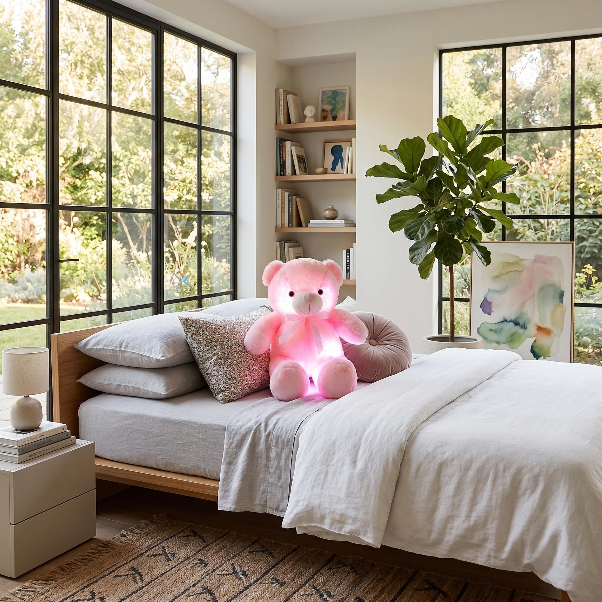 Pink LED glowing plush teddy bear with a bow, sitting on a bed in a bright room.