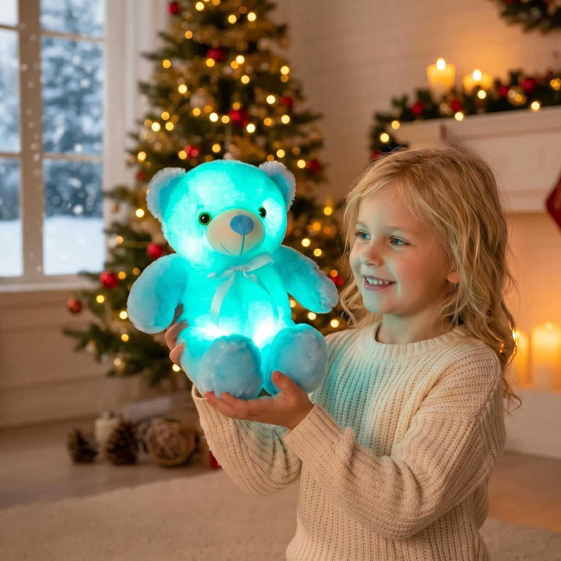 Smiling child holding a glowing blue plush teddy bear in a festive room.