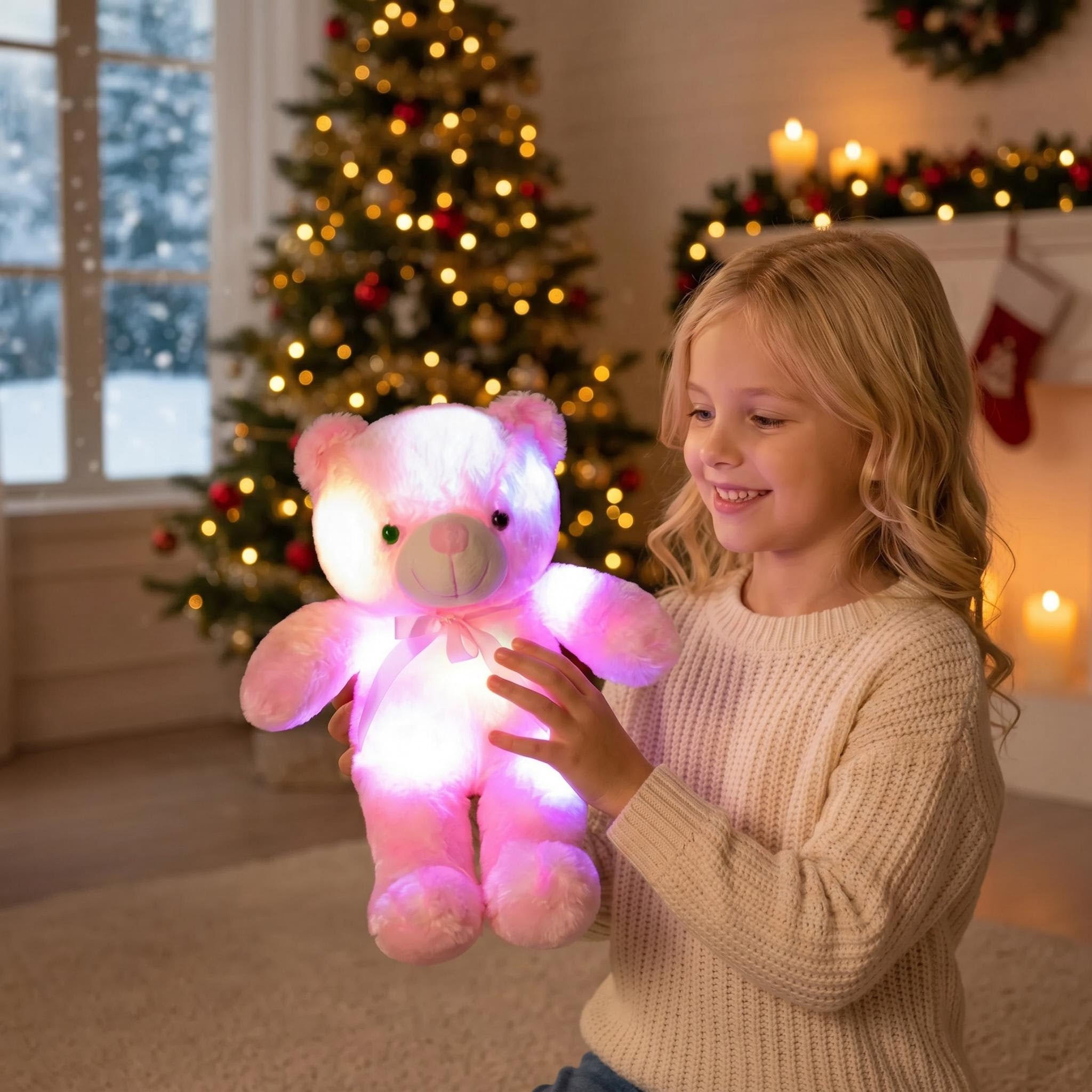 A smiling girl holds a pink LED glowing plush teddy bear with color-changing lights in a festive room.