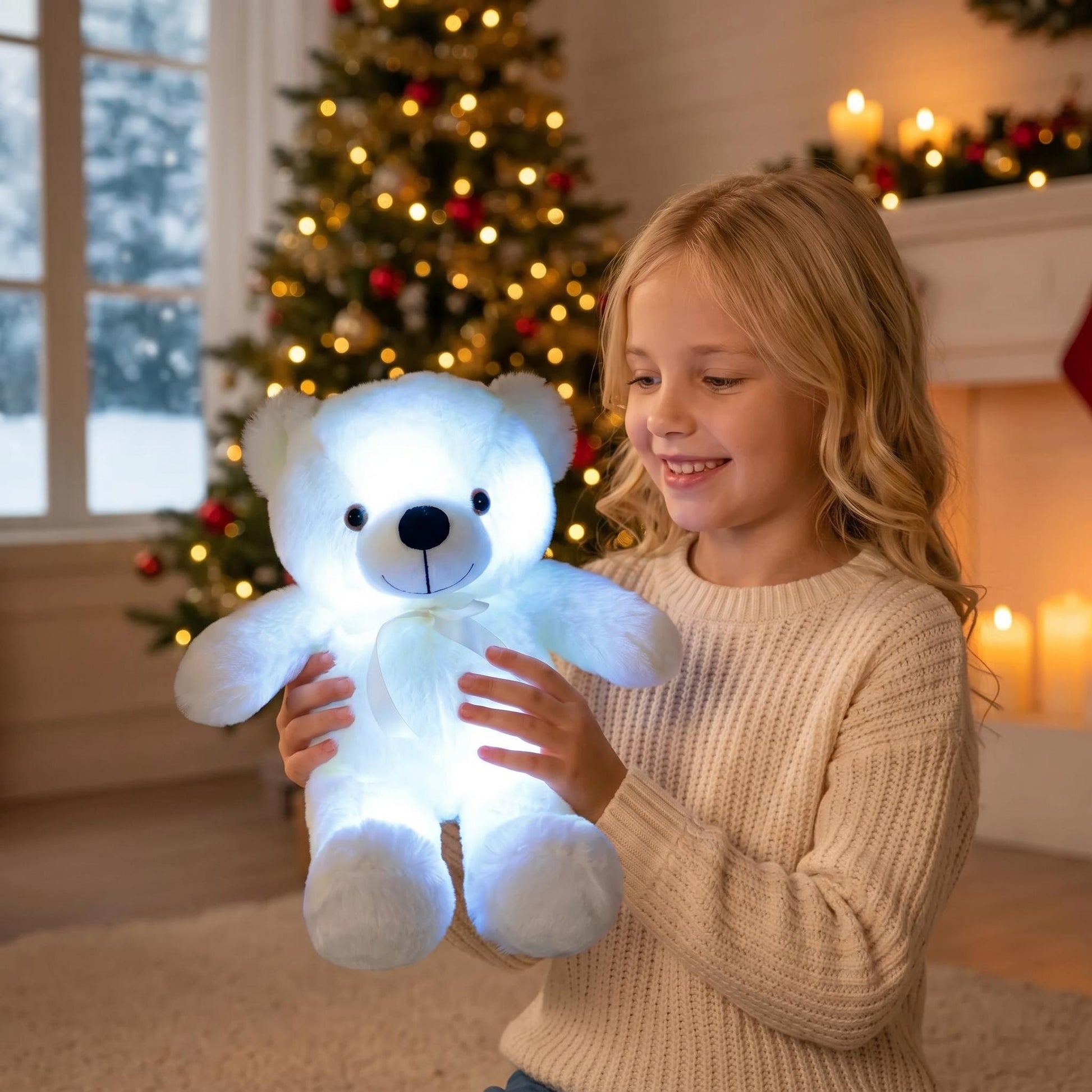 Smiling girl holds a white LED glowing plush teddy bear with a bow, in a festive room.