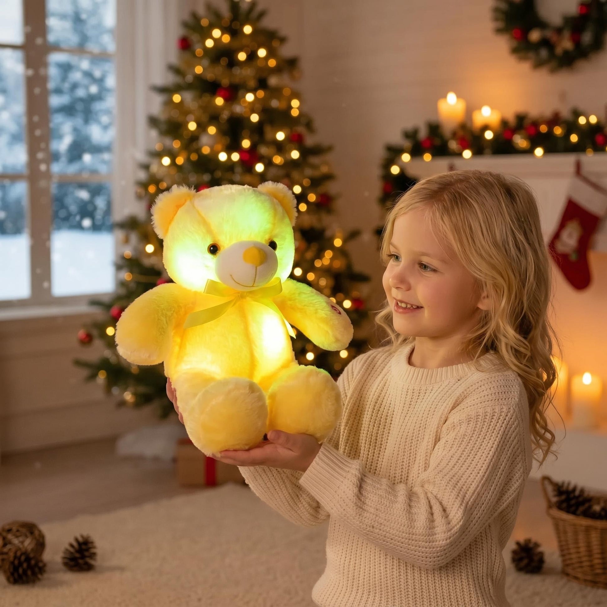 Blonde girl holding a glowing yellow plush teddy bear with a bow in a festive room.