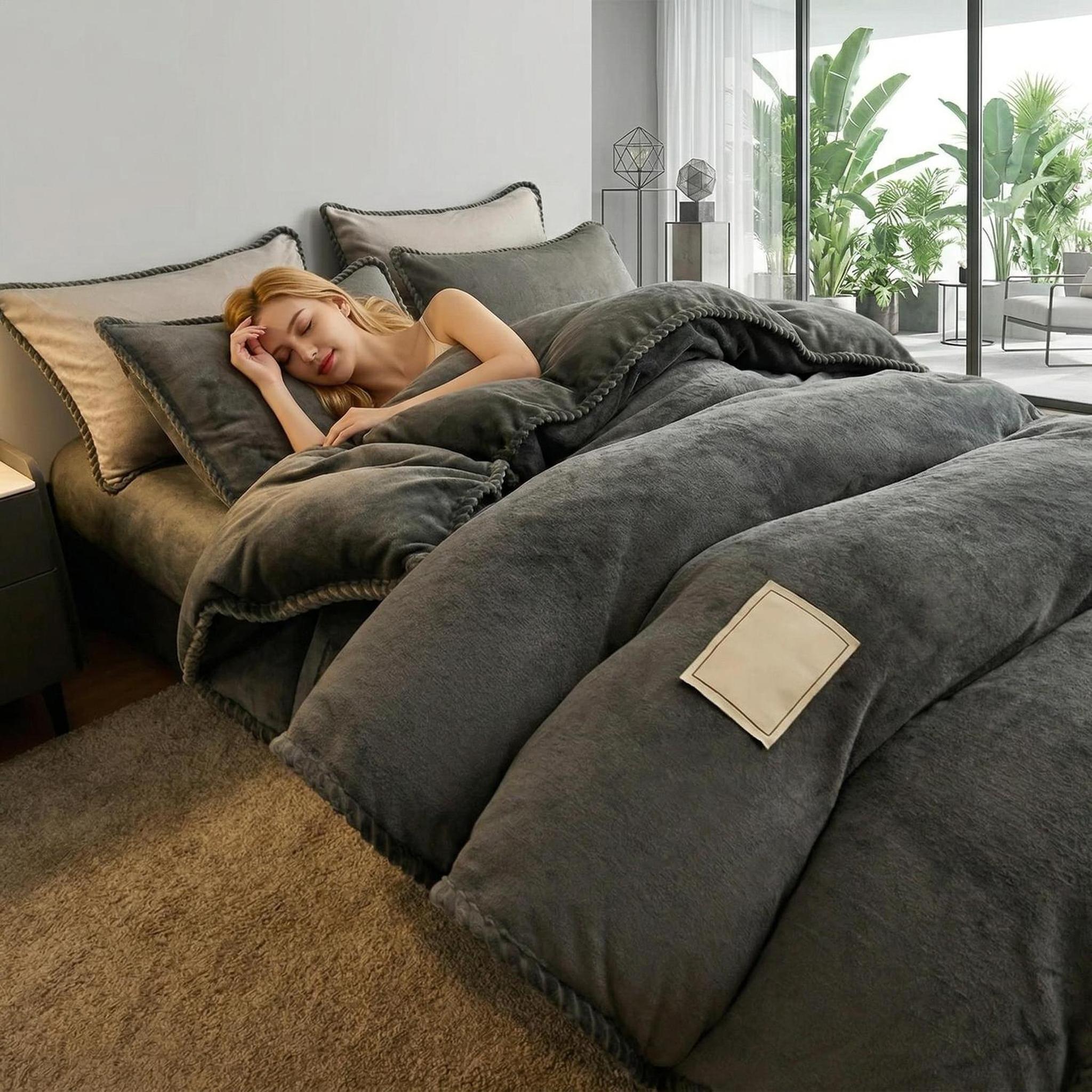 Thick dark grey lamb wool fleece blanket on a bed with matching pillows