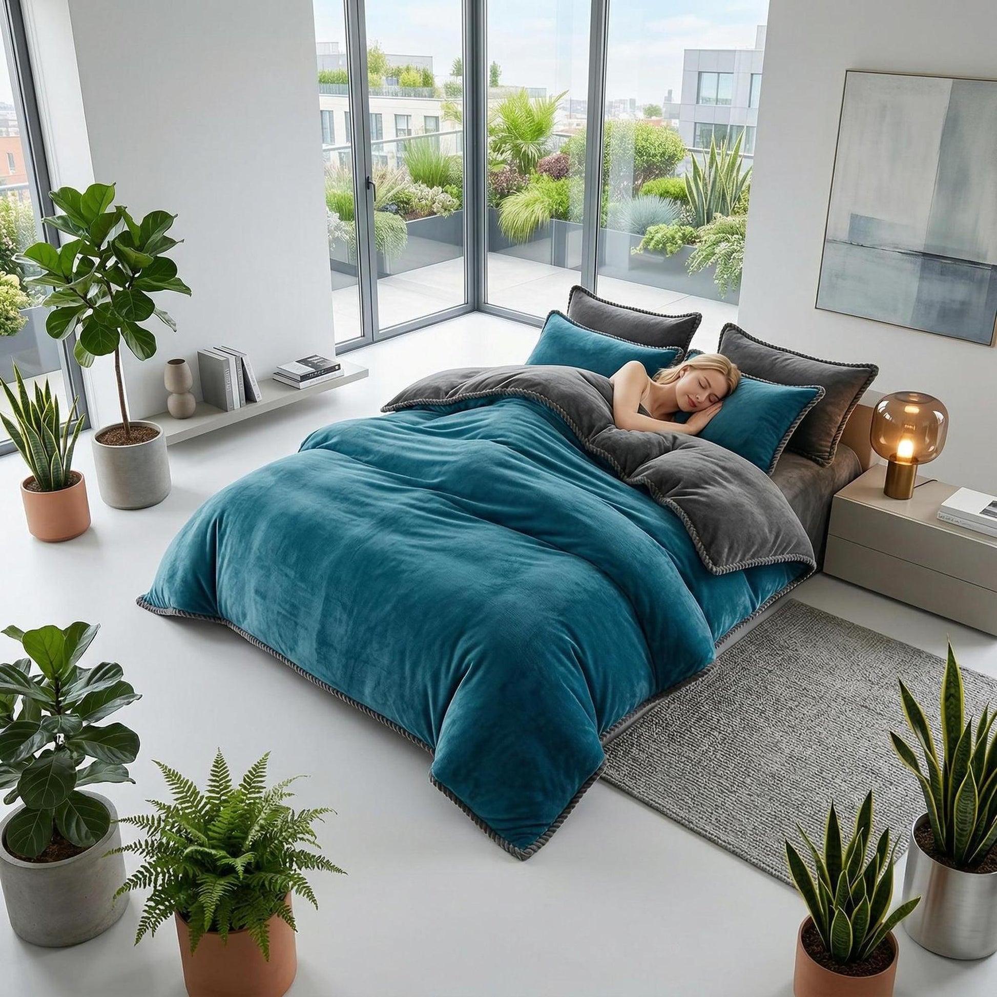 Thick teal and grey lamb wool fleece blanket on a bed in a modern, plant-filled bedroom.