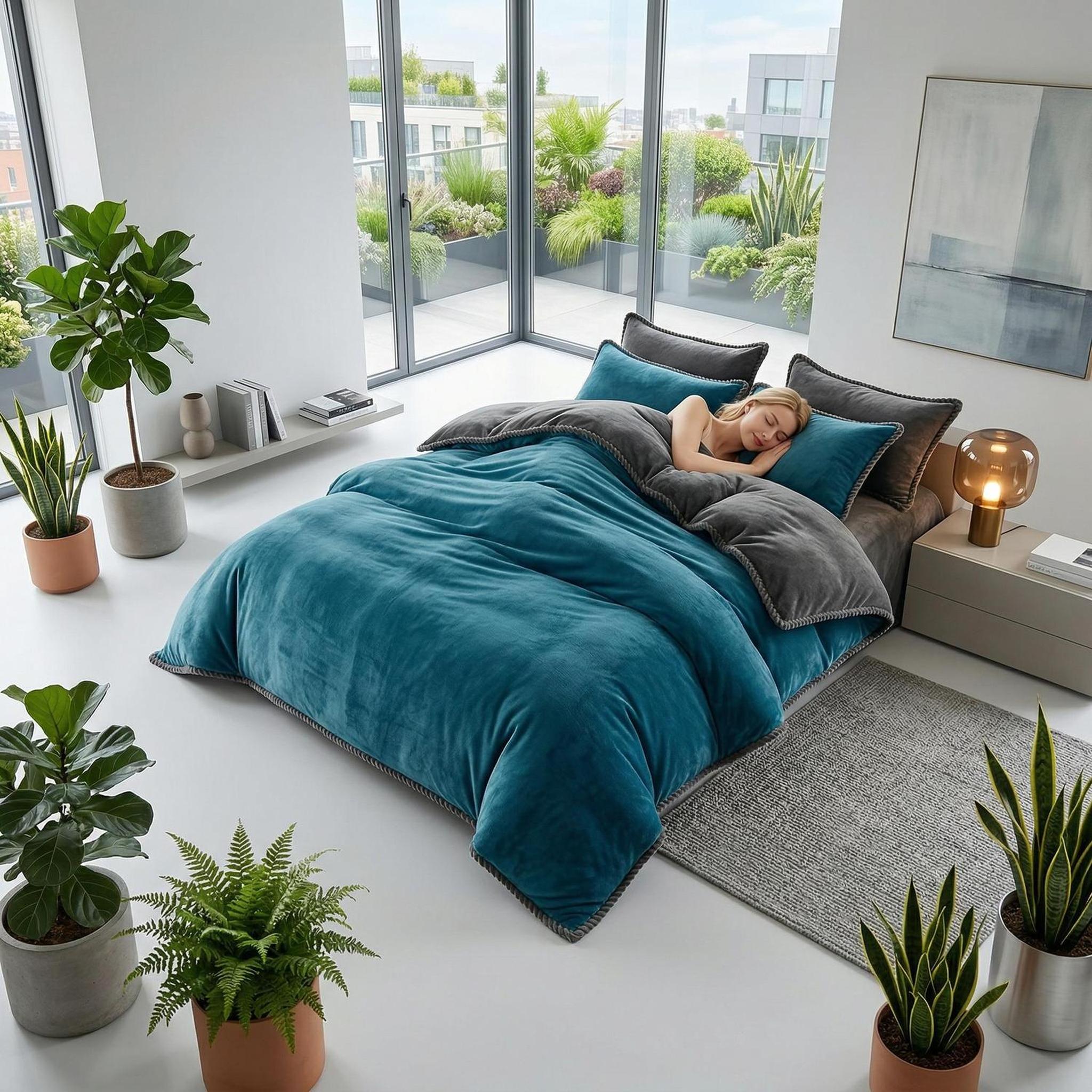 Thick teal and grey lamb wool fleece blanket on a bed in a modern, plant-filled bedroom.